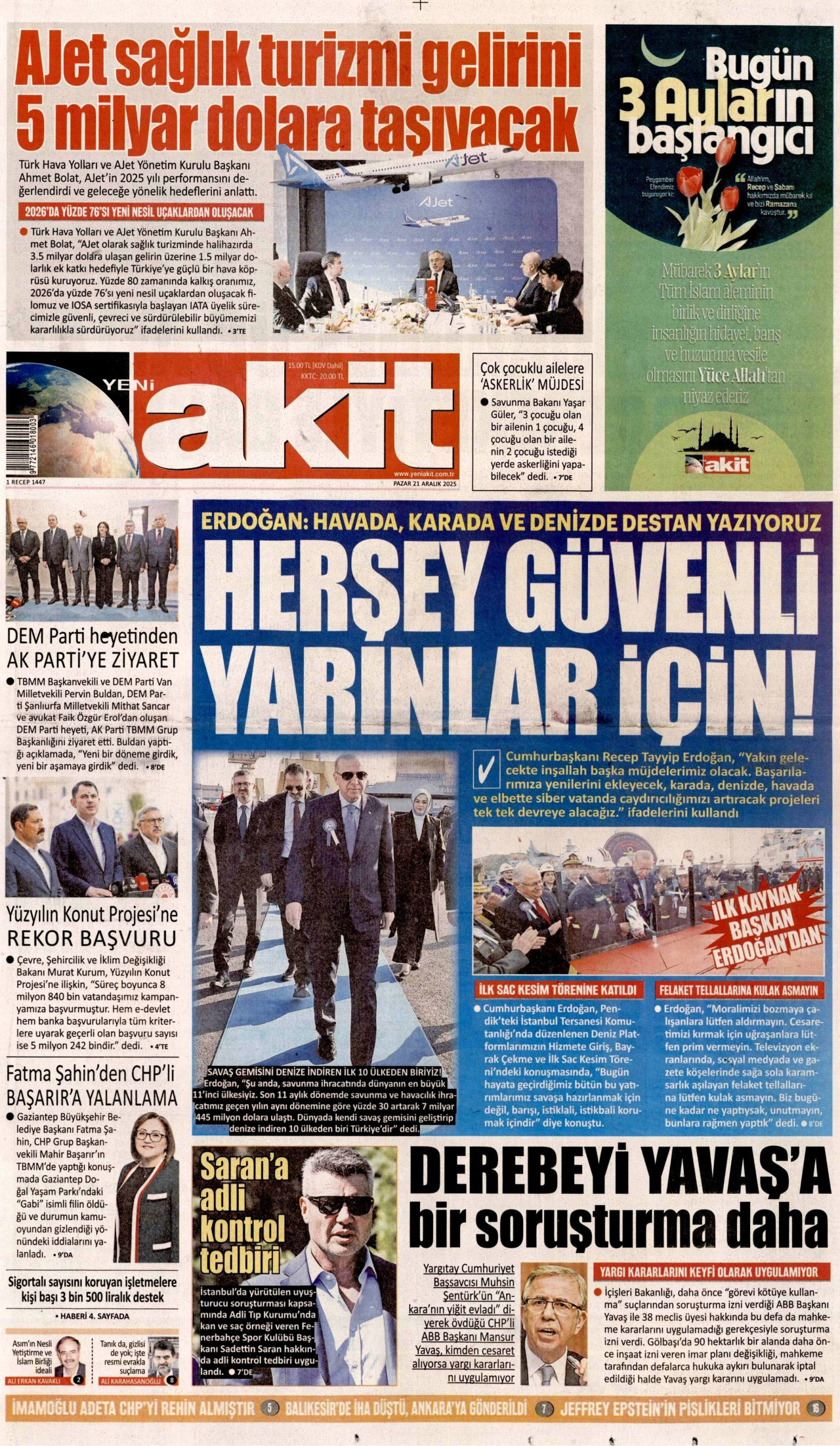 YENİ AKİT gazetesinin 21 Aralık 2025 tarihli birinci sayfası