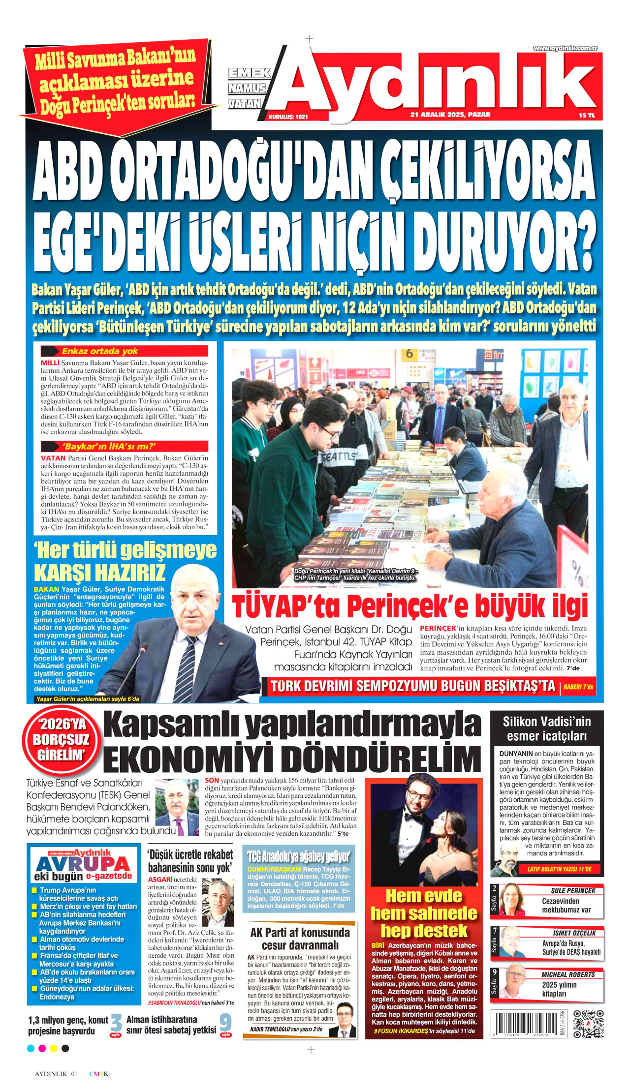 AYDINLIK GAZETESİ gazetesinin 21 Aralık 2025 tarihli birinci sayfası