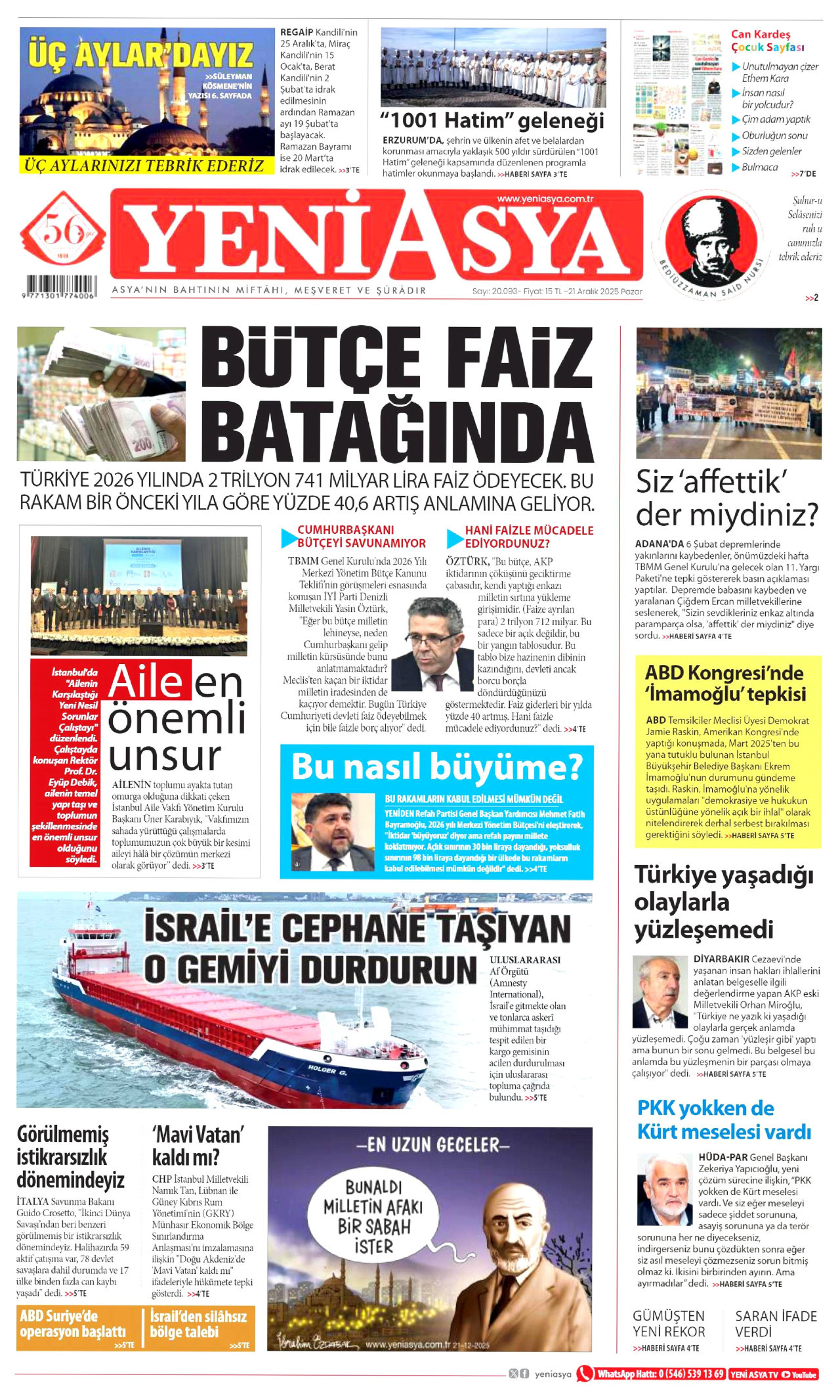 YENİ ASYA gazetesinin 21 Aralık 2025 tarihli birinci sayfası