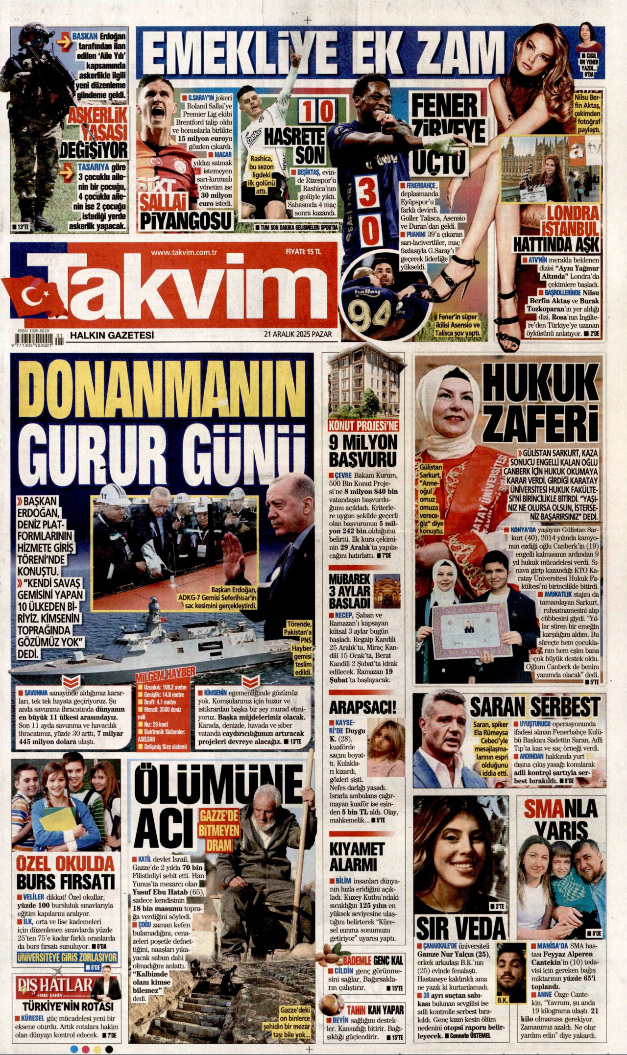 TAKVİM gazetesinin 21 Aralık 2025 tarihli birinci sayfası