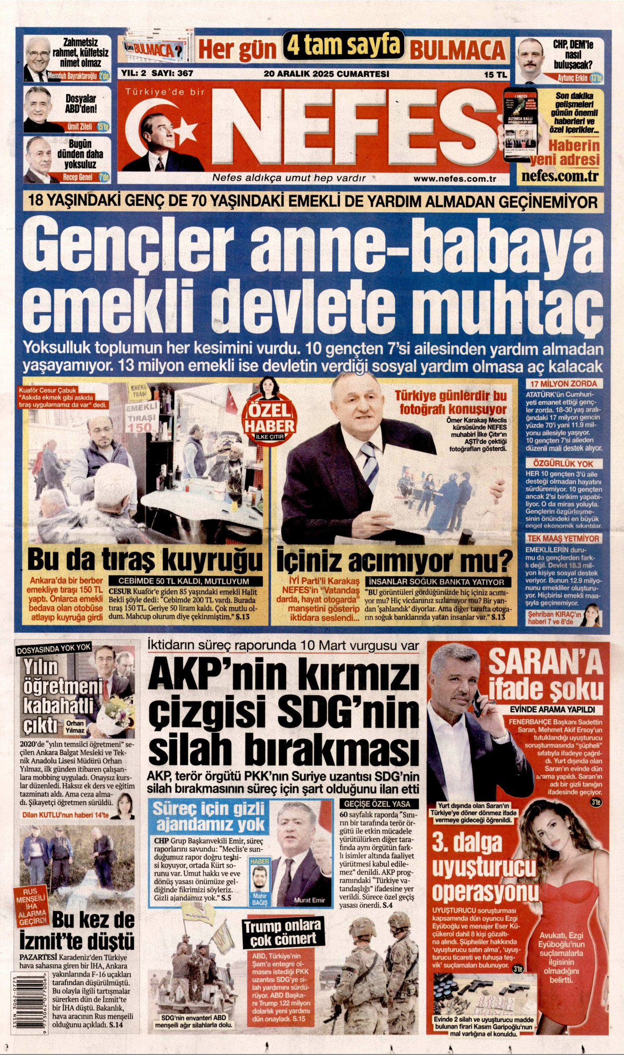 NEFES gazetesinin 20 Aralık 2025 tarihli birinci sayfası