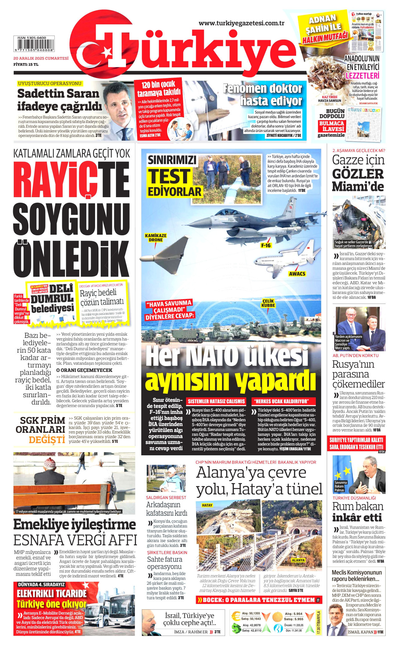TÜRKİYE GAZETESİ gazetesinin 20 Aralık 2025 tarihli birinci sayfası
