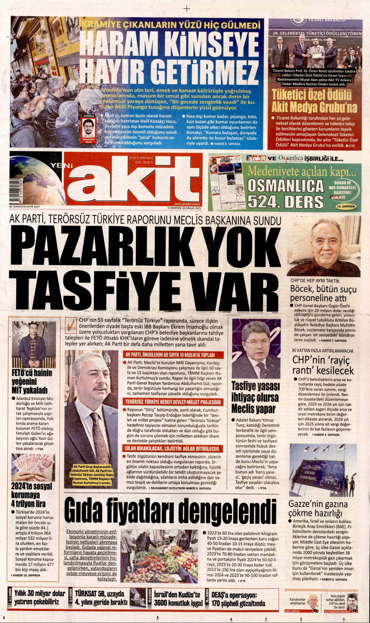 YENİ AKİT gazetesinin 20 Aralık 2025 tarihli birinci sayfası