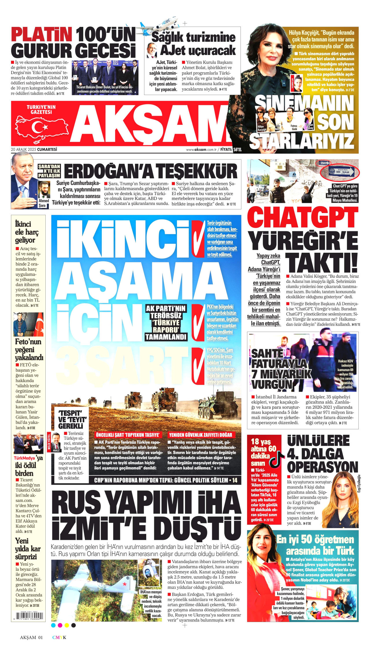 AKŞAM gazetesinin 20 Aralık 2025 tarihli birinci sayfası