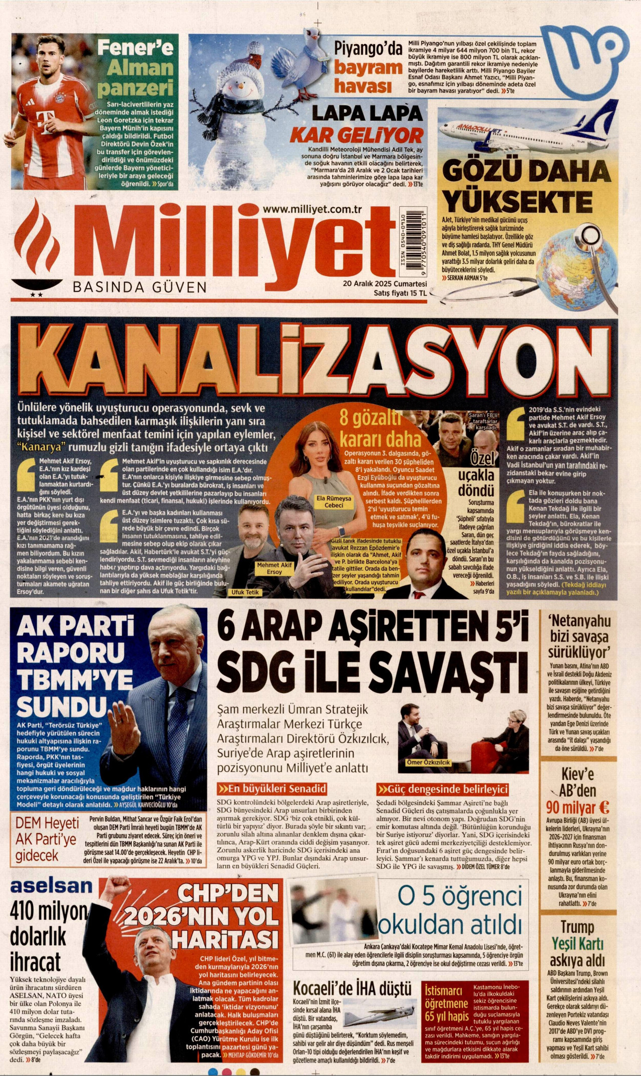 MİLLİYET gazetesinin 20 Aralık 2025 tarihli birinci sayfası