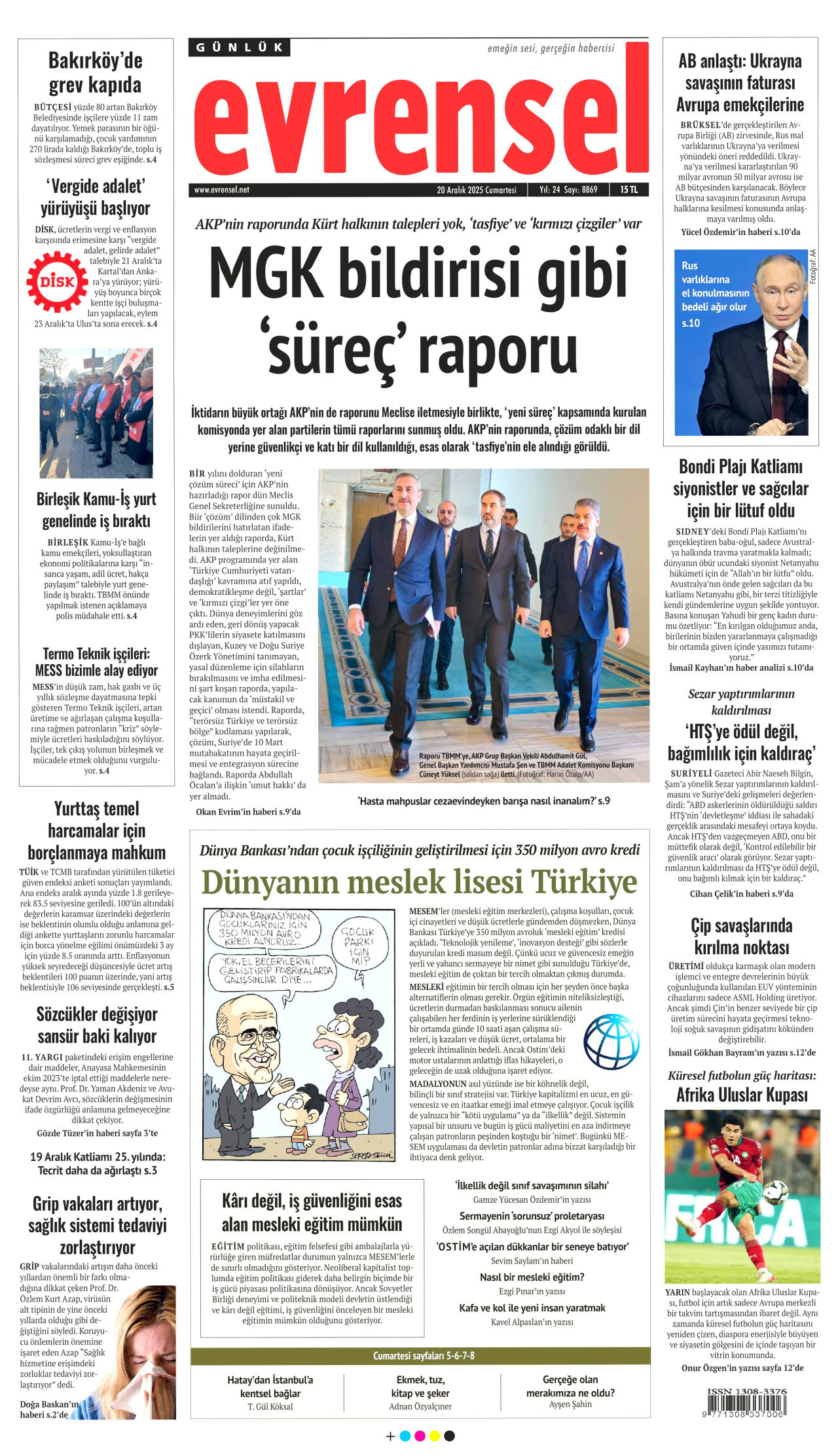 EVRENSEL gazetesinin 20 Aralık 2025 tarihli birinci sayfası