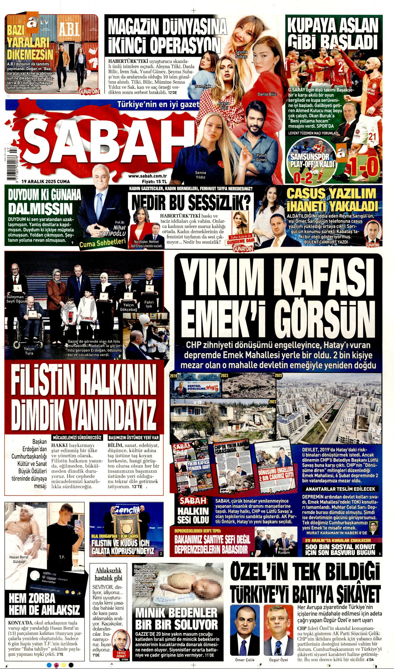 SABAH gazetesinin 19 Aralık 2025 tarihli birinci sayfası