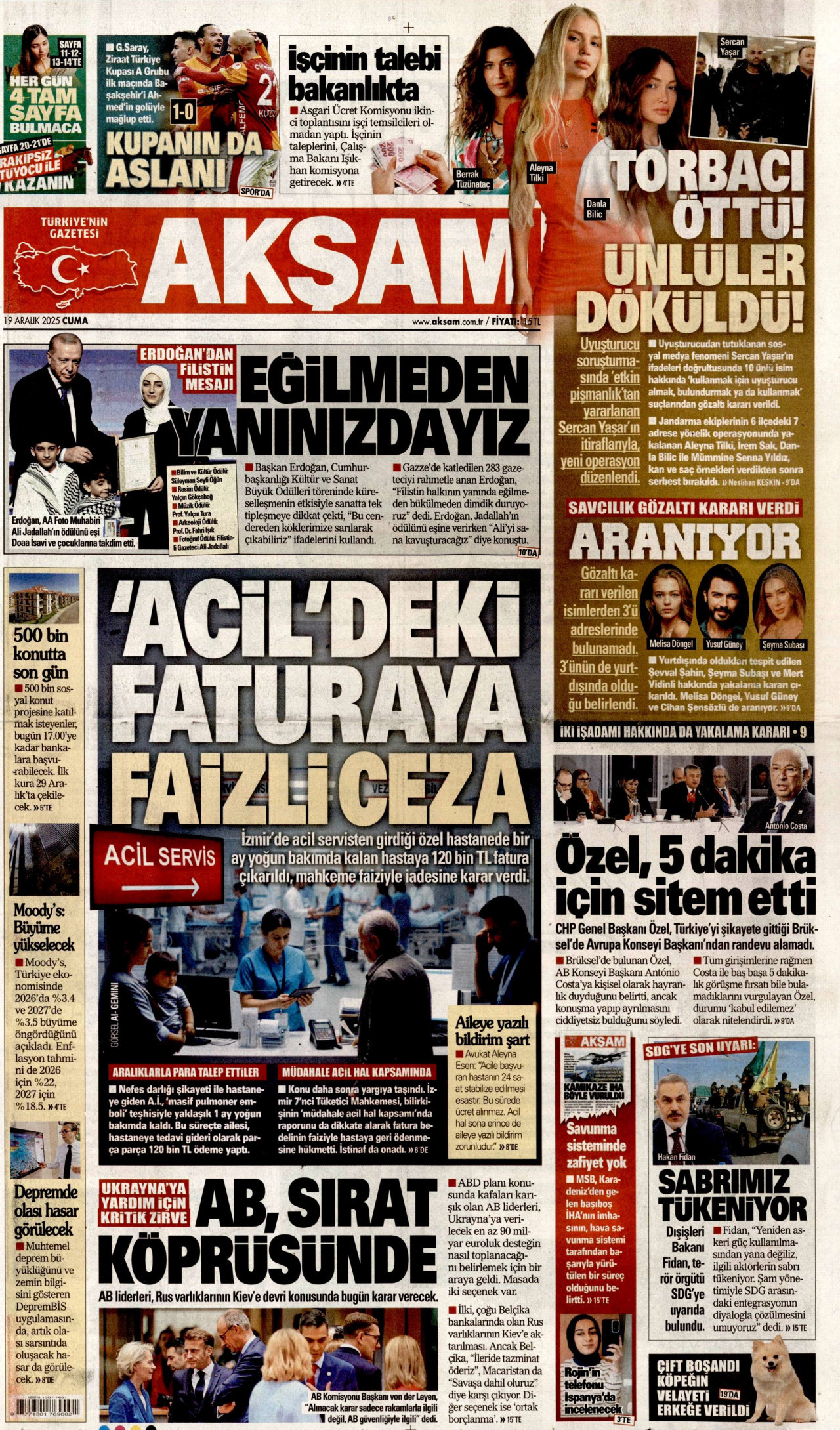 AKŞAM gazetesinin 19 Aralık 2025 tarihli birinci sayfası