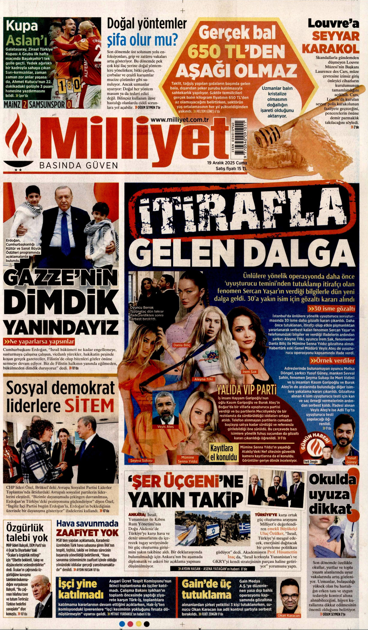 MİLLİYET gazetesinin 19 Aralık 2025 tarihli birinci sayfası