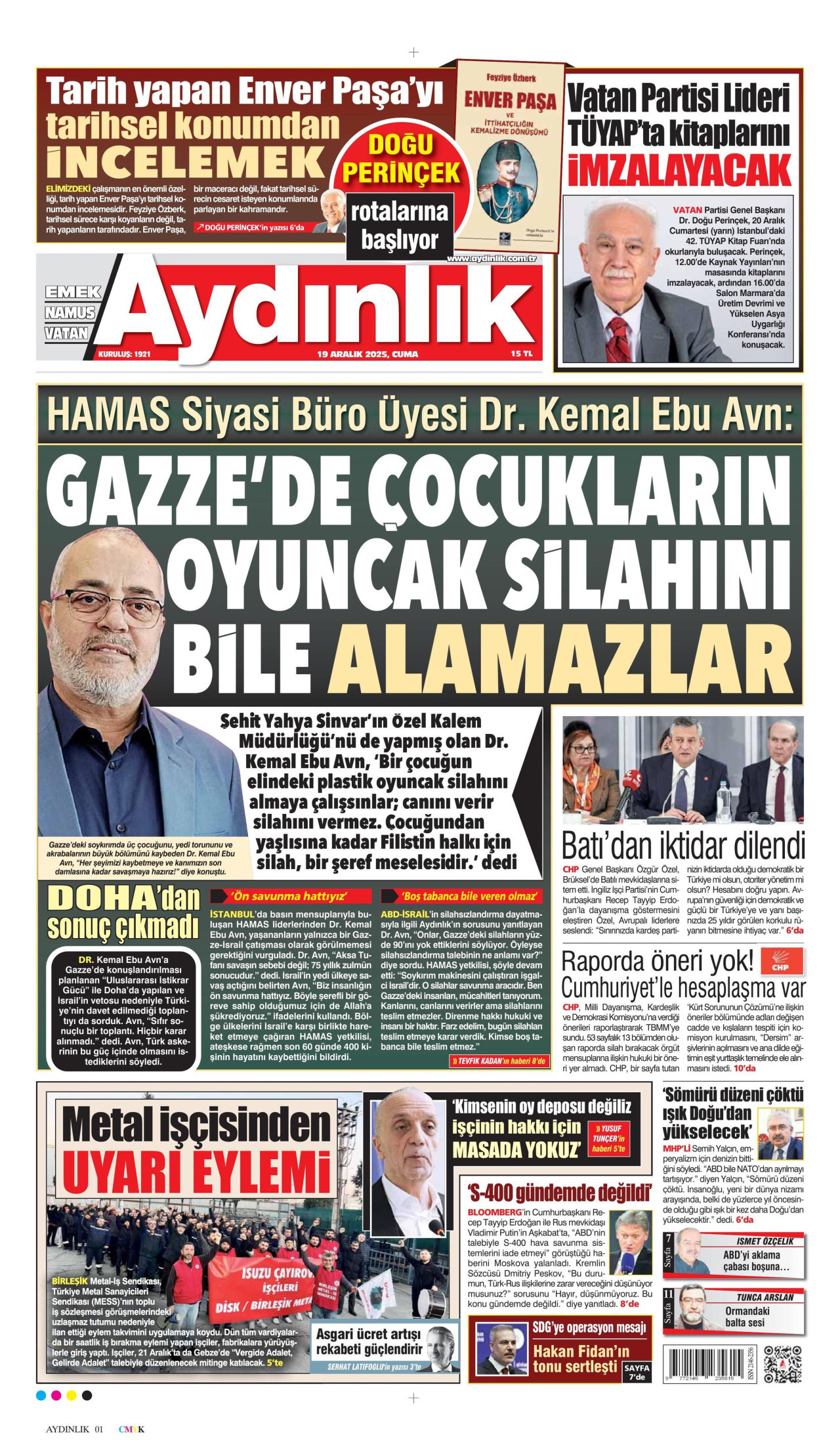 AYDINLIK GAZETESİ gazetesinin 19 Aralık 2025 tarihli birinci sayfası