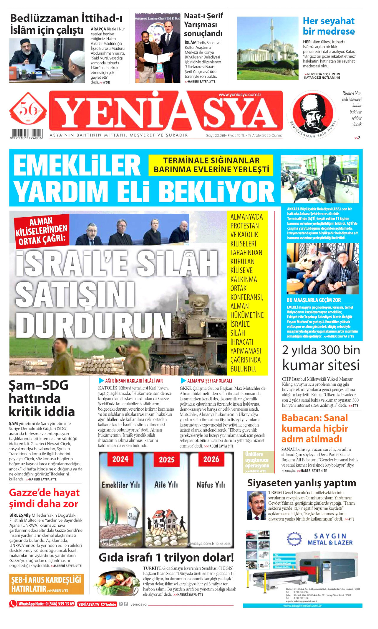 YENİ ASYA gazetesinin 19 Aralık 2025 tarihli birinci sayfası