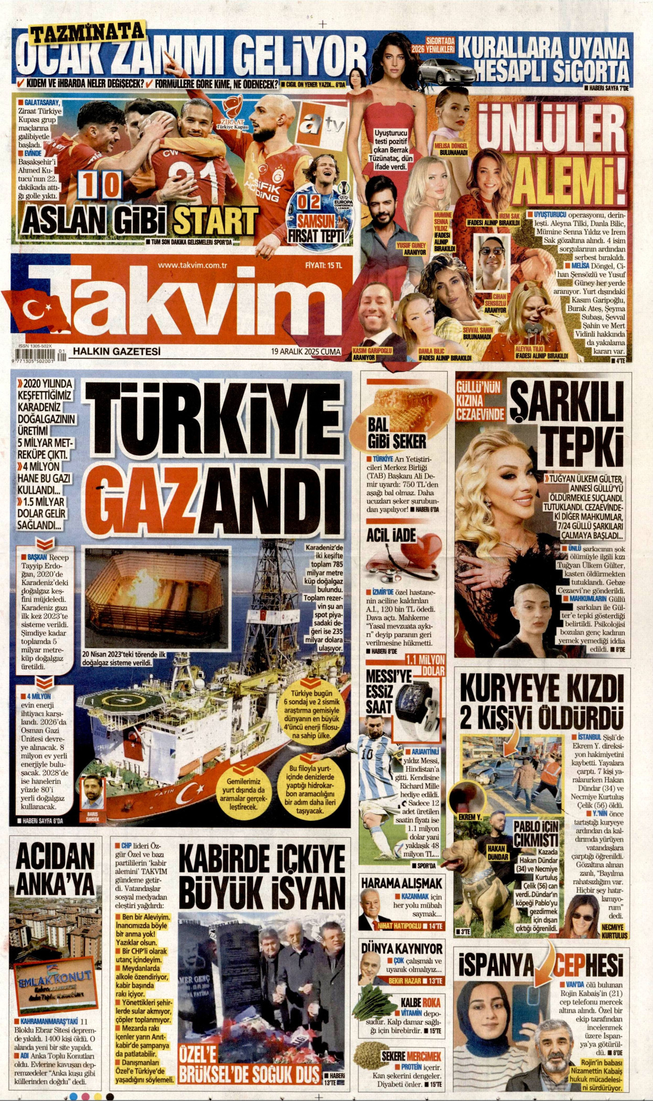 TAKVİM gazetesinin 19 Aralık 2025 tarihli birinci sayfası