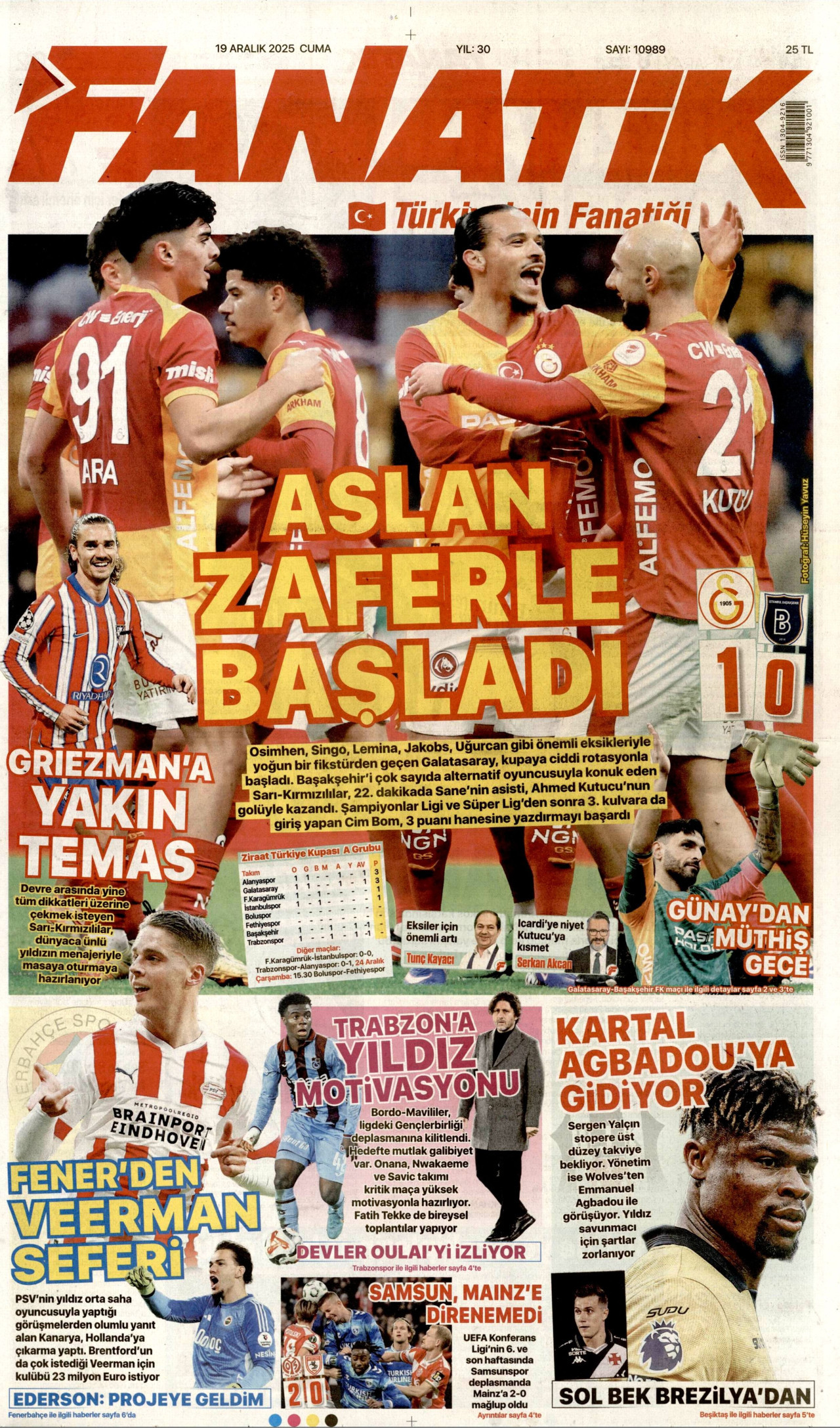 FANATİK gazetesinin 19 Aralık 2025 tarihli birinci sayfası