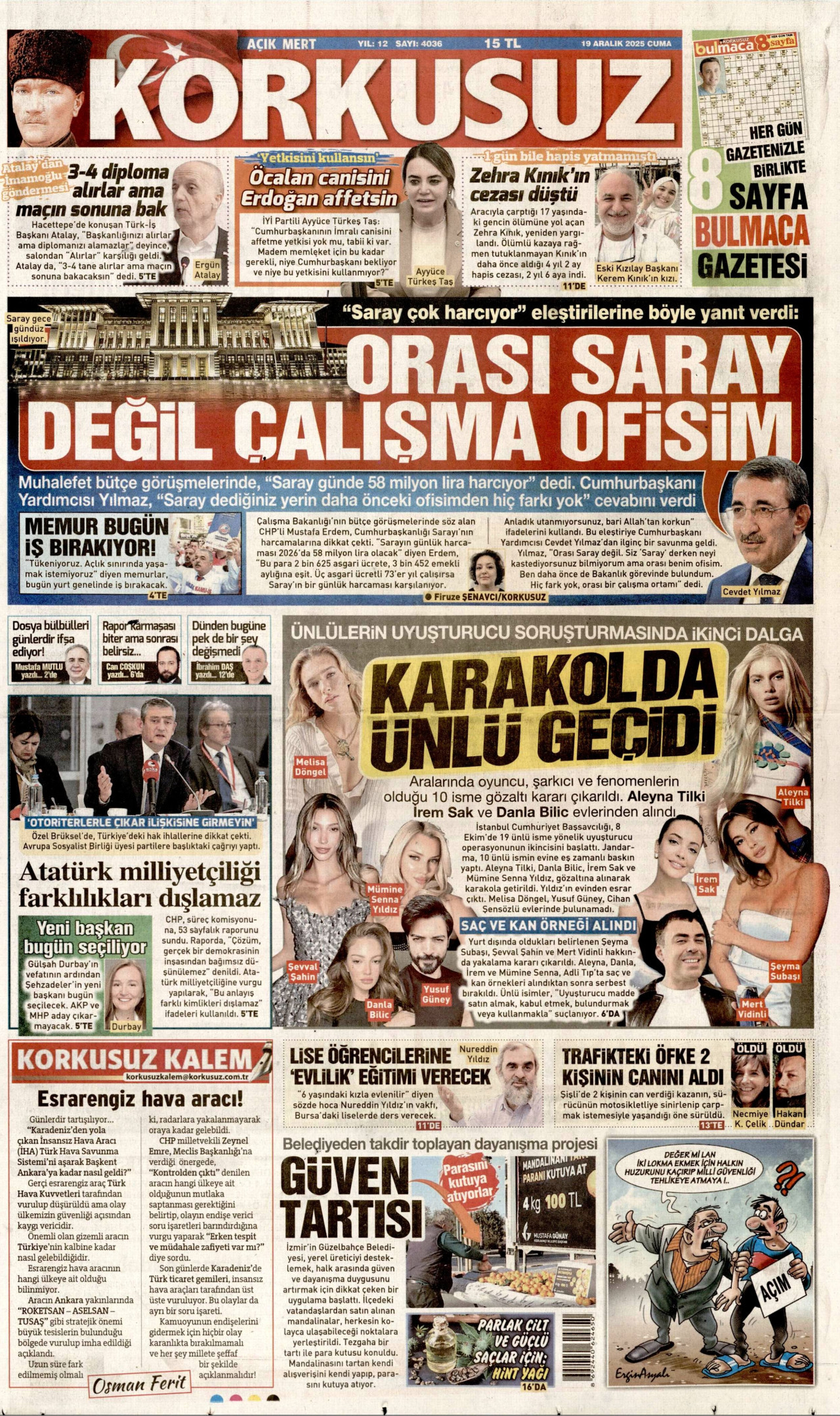 KORKUSUZ gazetesinin 19 Aralık 2025 tarihli birinci sayfası