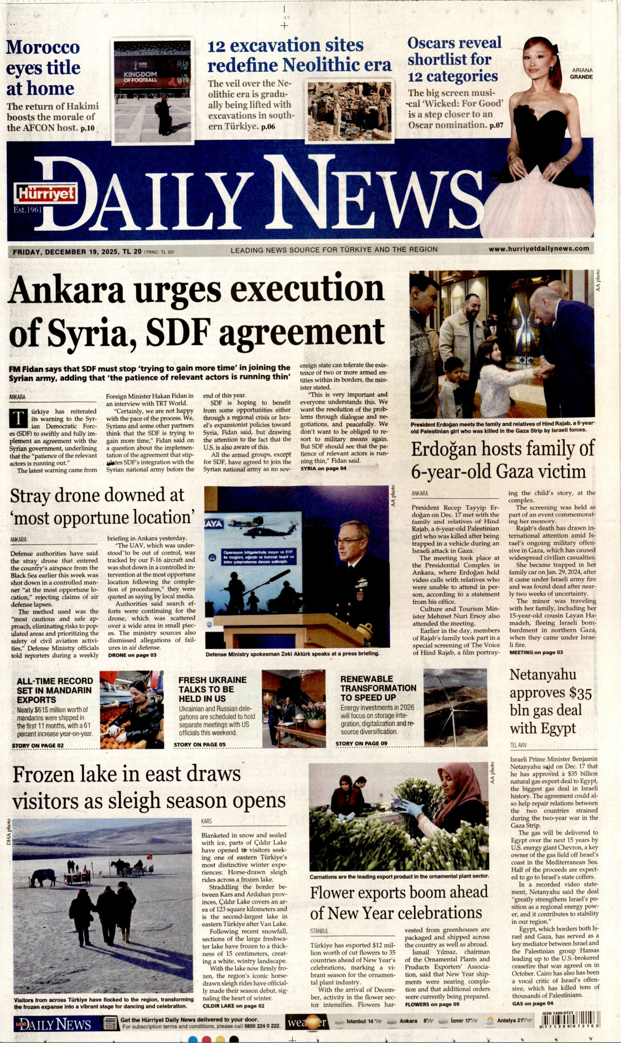 HÜRRİYET DAİLY NEWS gazetesinin 19 Aralık 2025 tarihli birinci sayfası