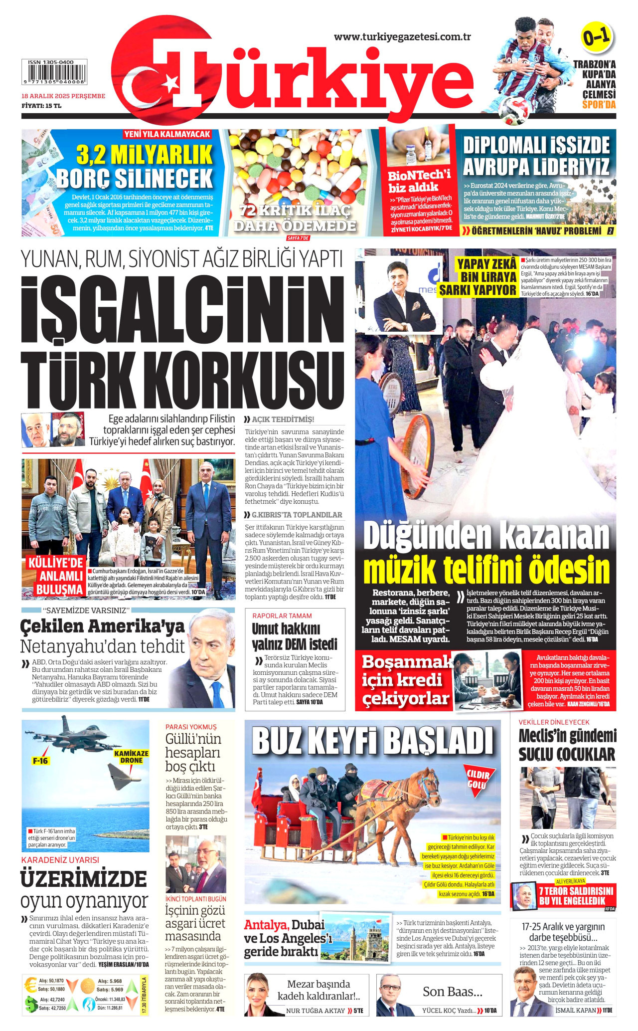 TÜRKİYE GAZETESİ gazetesinin 18 Aralık 2025 tarihli birinci sayfası