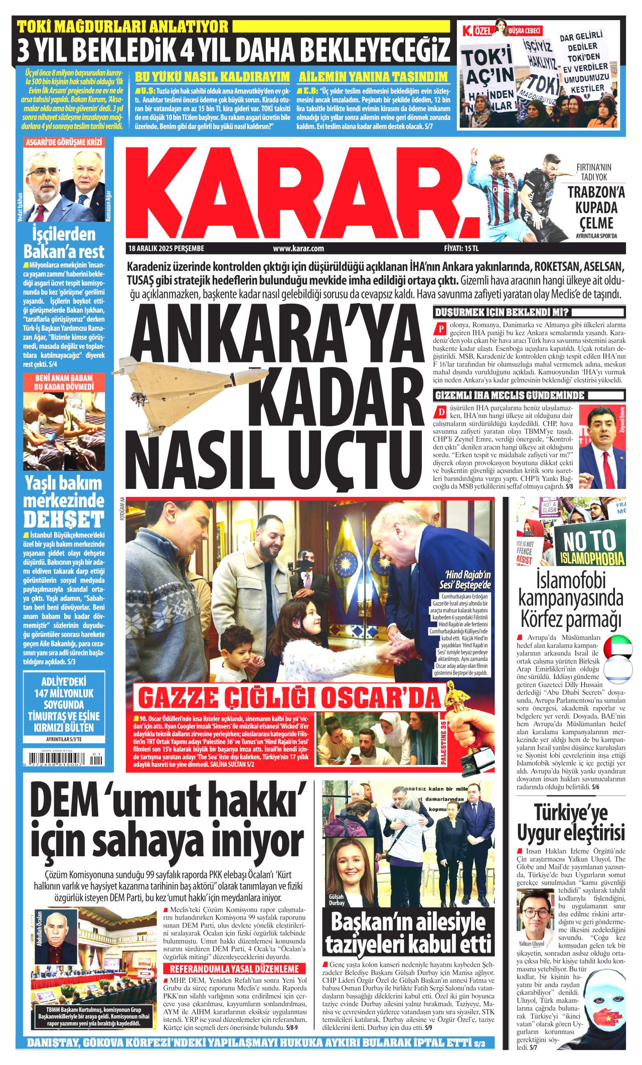 KARAR gazetesinin 18 Aralık 2025 tarihli birinci sayfası