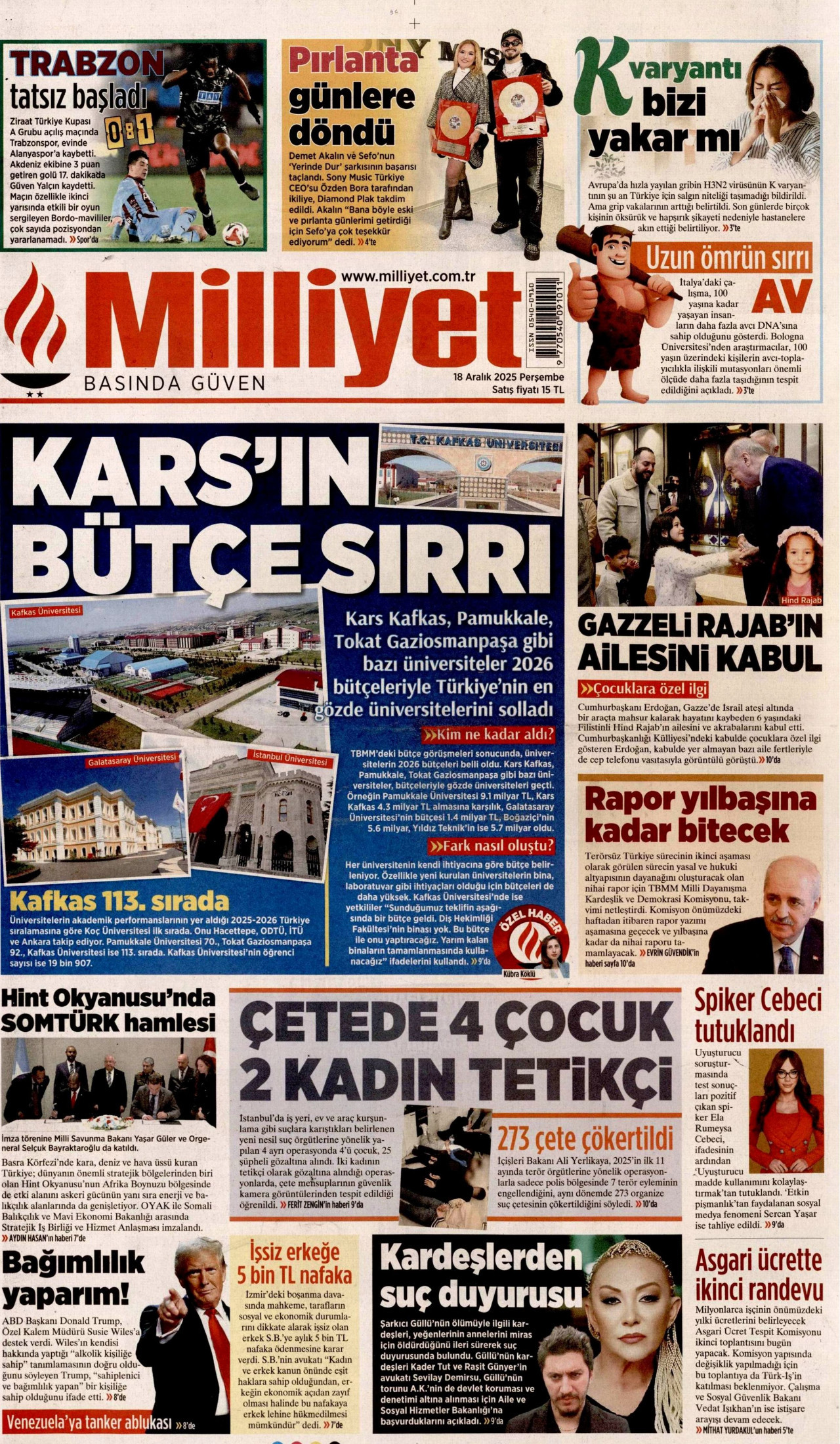 MİLLİYET gazetesinin 18 Aralık 2025 tarihli birinci sayfası