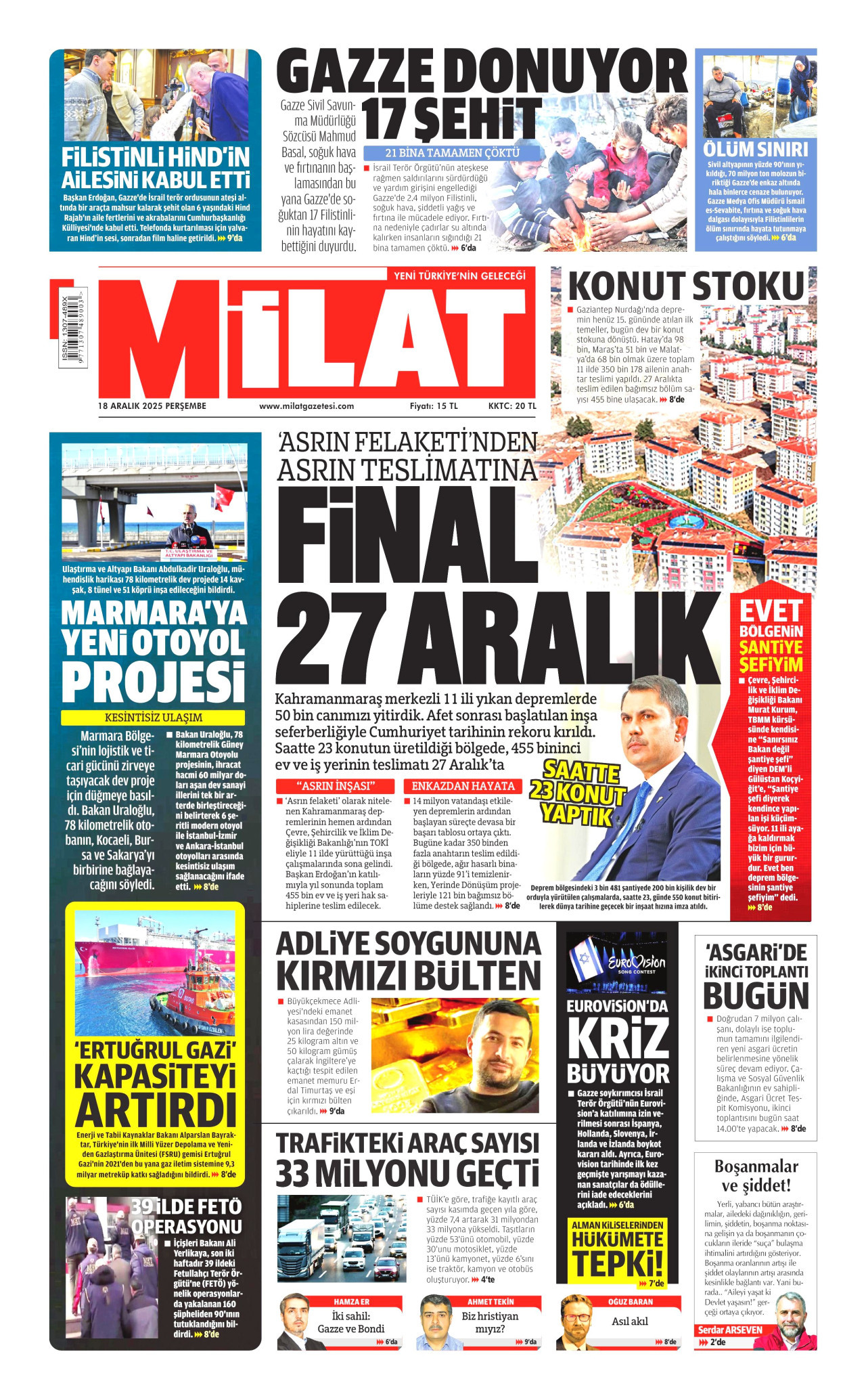 MİLAT gazetesinin 18 Aralık 2025 tarihli birinci sayfası