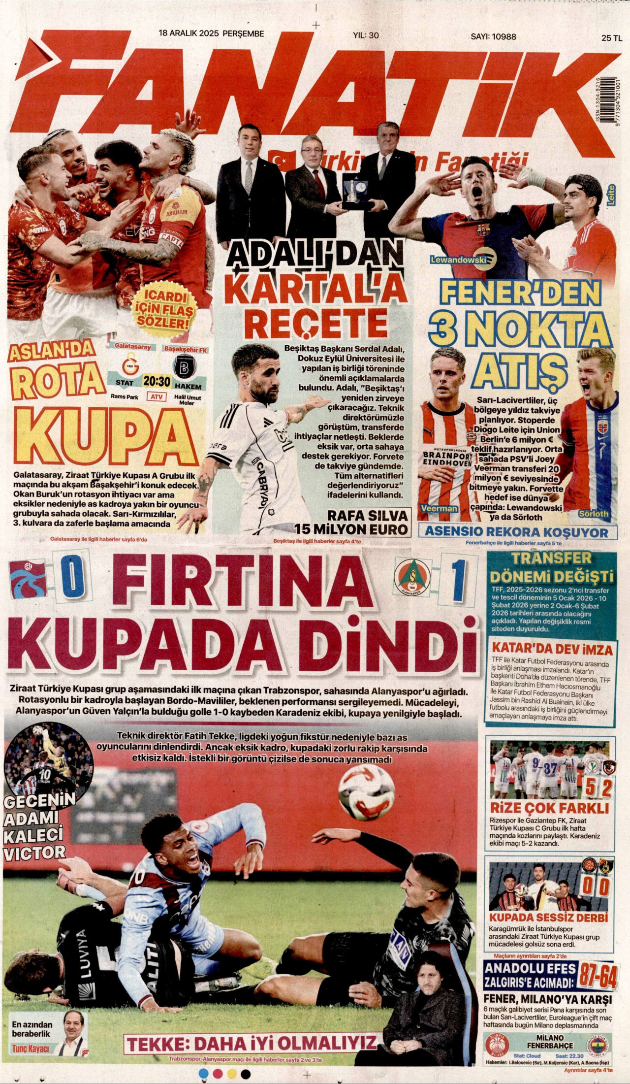 FANATİK gazetesinin 18 Aralık 2025 tarihli birinci sayfası