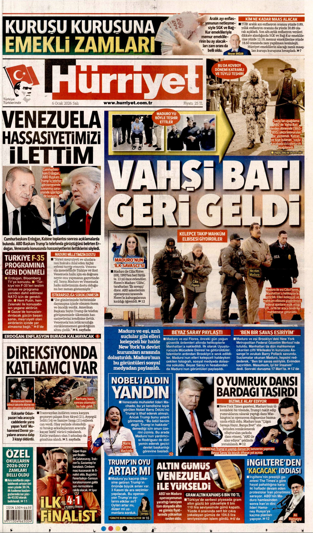 HÜRRİYET gazetesinin 6 Ocak 2026 tarihli birinci sayfası
