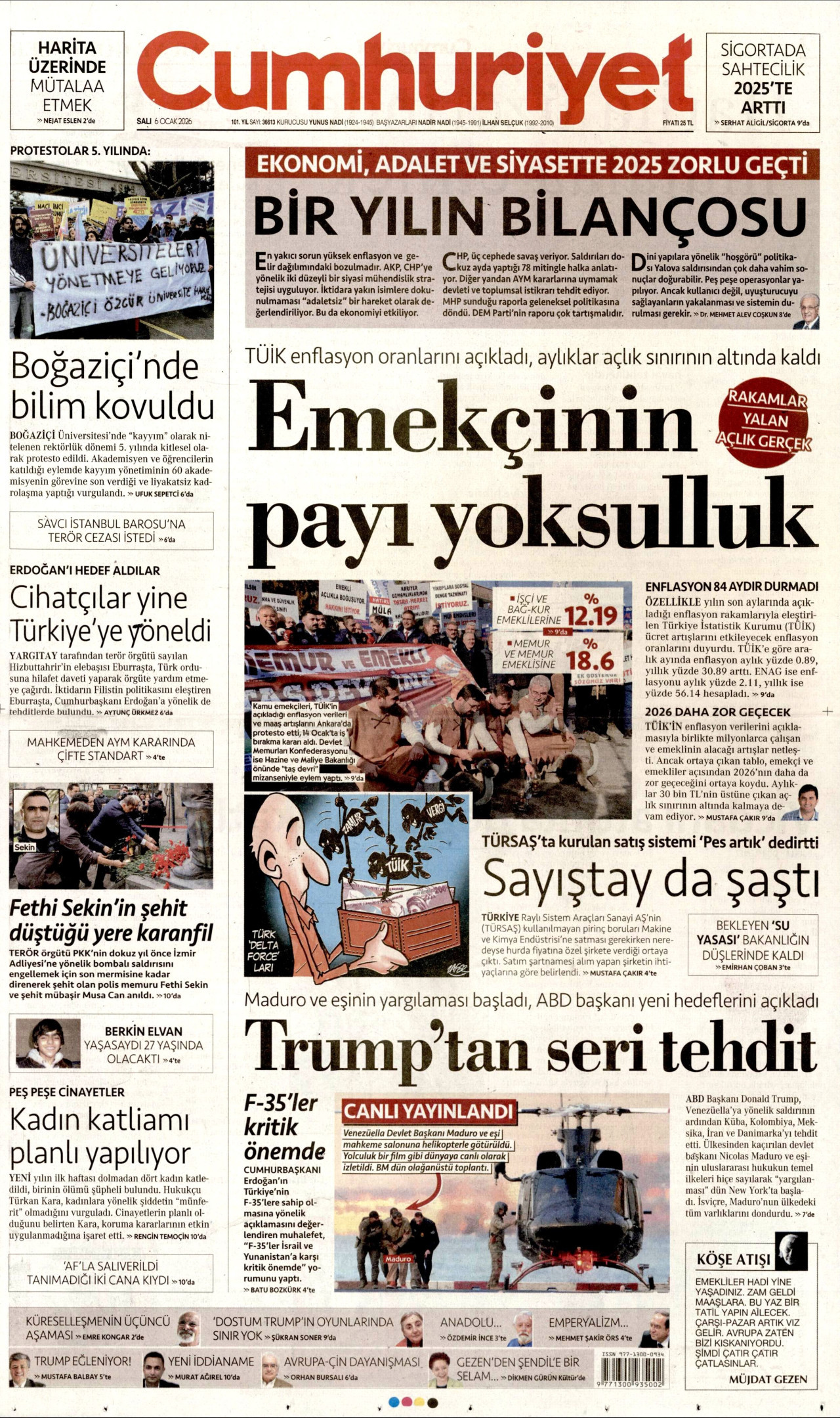 CUMHURİYET gazetesinin 6 Ocak 2026 tarihli birinci sayfası