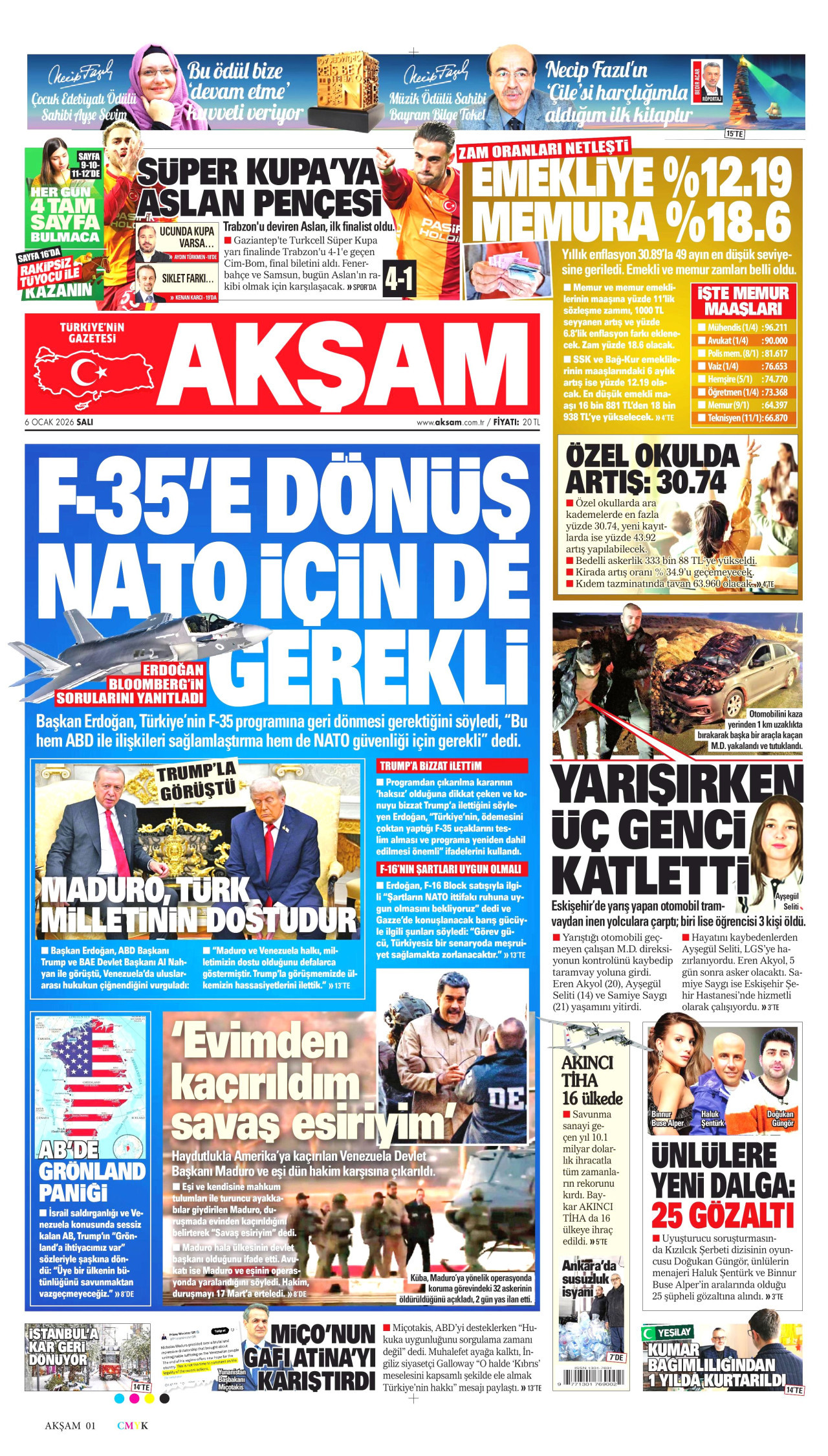 AKŞAM gazetesinin 6 Ocak 2026 tarihli birinci sayfası