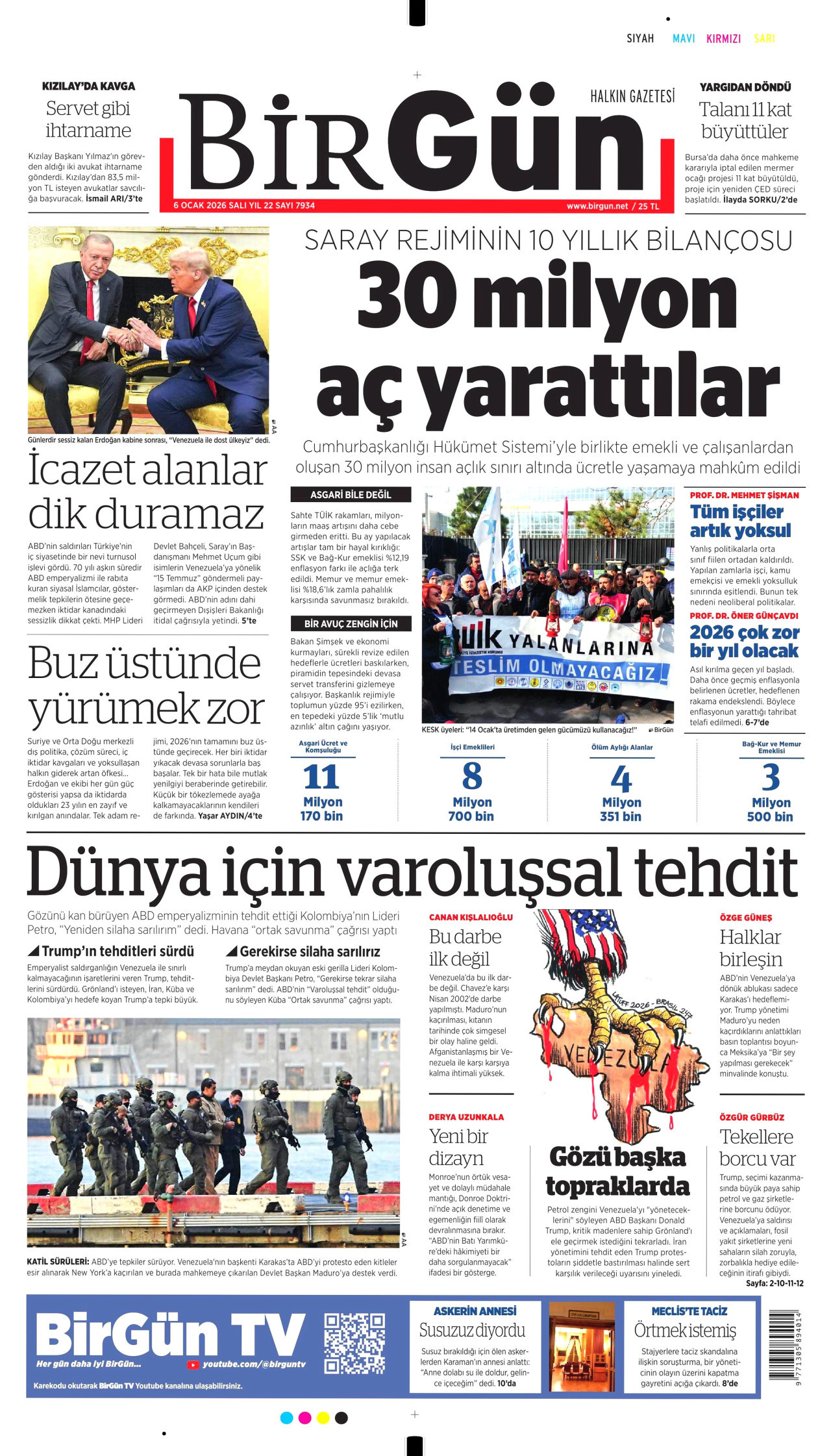 BİRGÜN gazetesinin 6 Ocak 2026 tarihli birinci sayfası