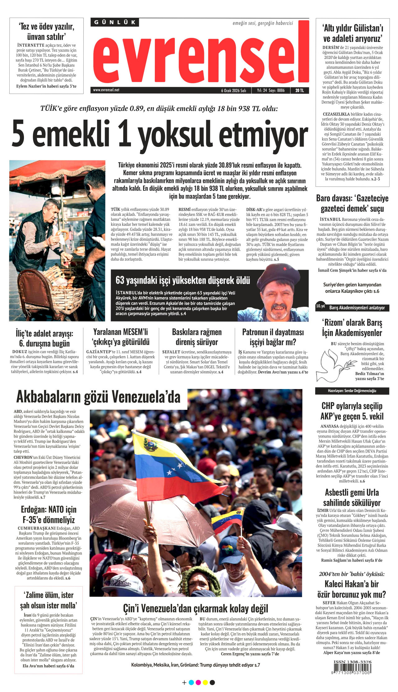 EVRENSEL gazetesinin 6 Ocak 2026 tarihli birinci sayfası