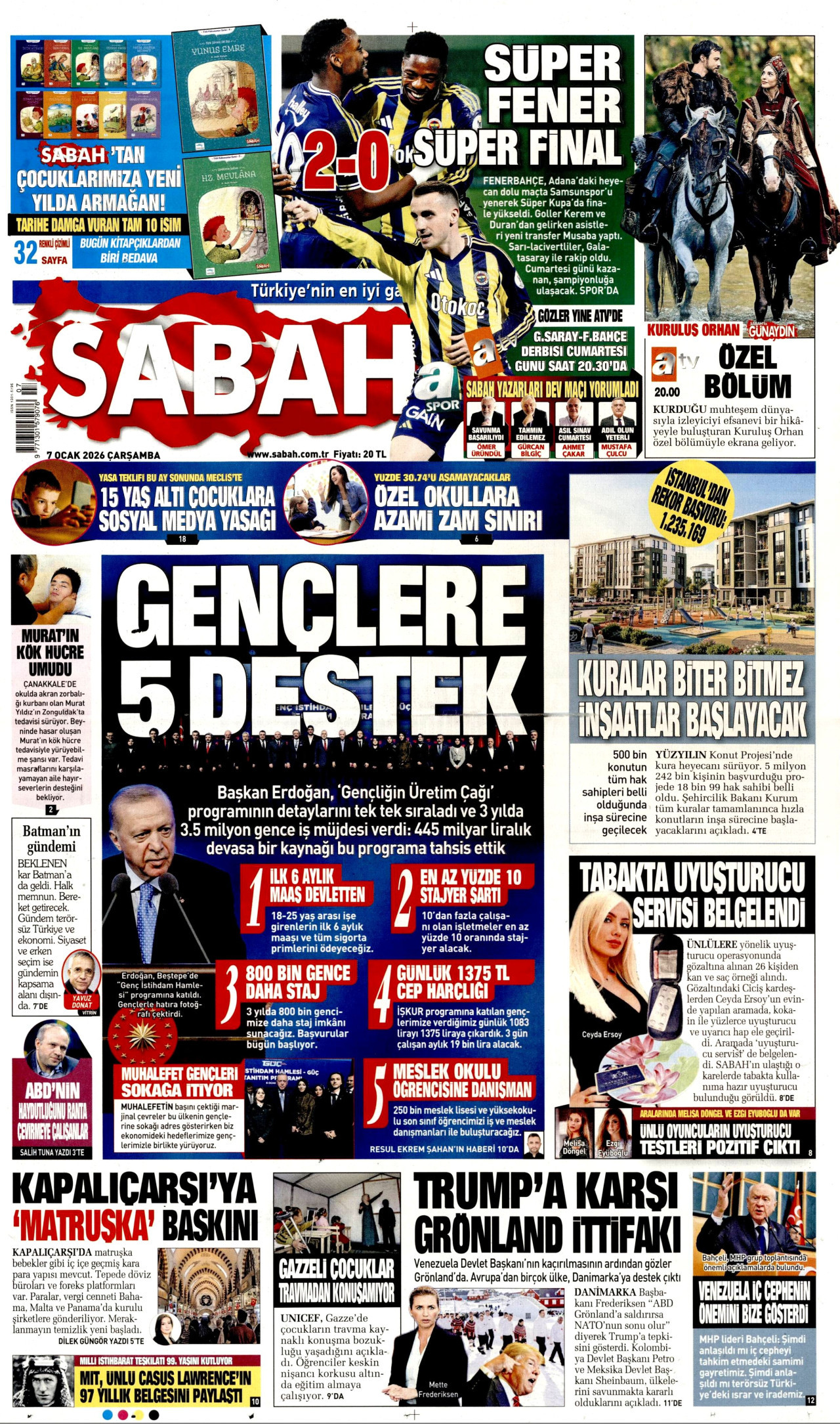 SABAH gazetesinin 7 Ocak 2026 tarihli birinci sayfası