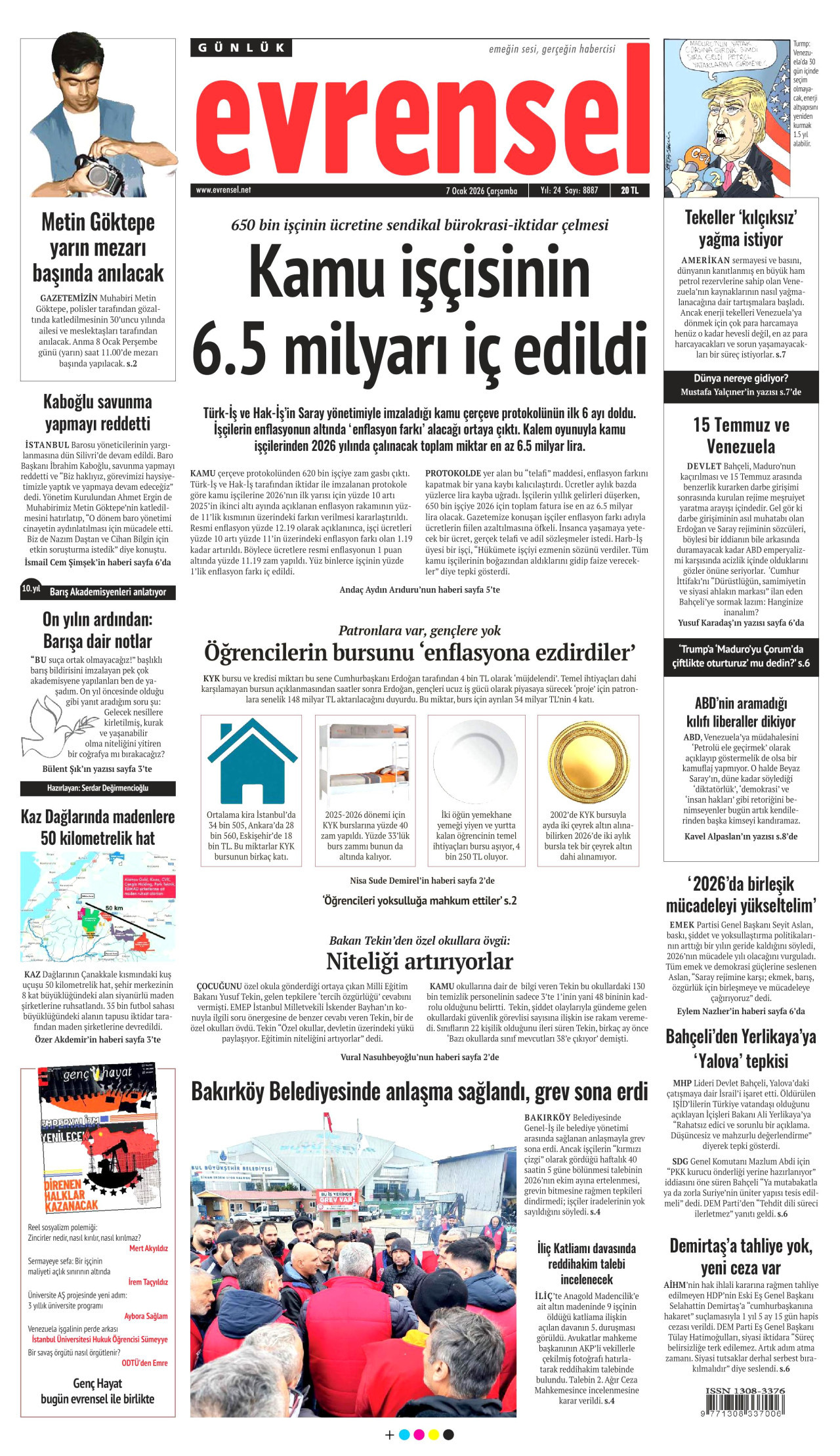 EVRENSEL gazetesinin 7 Ocak 2026 tarihli birinci sayfası