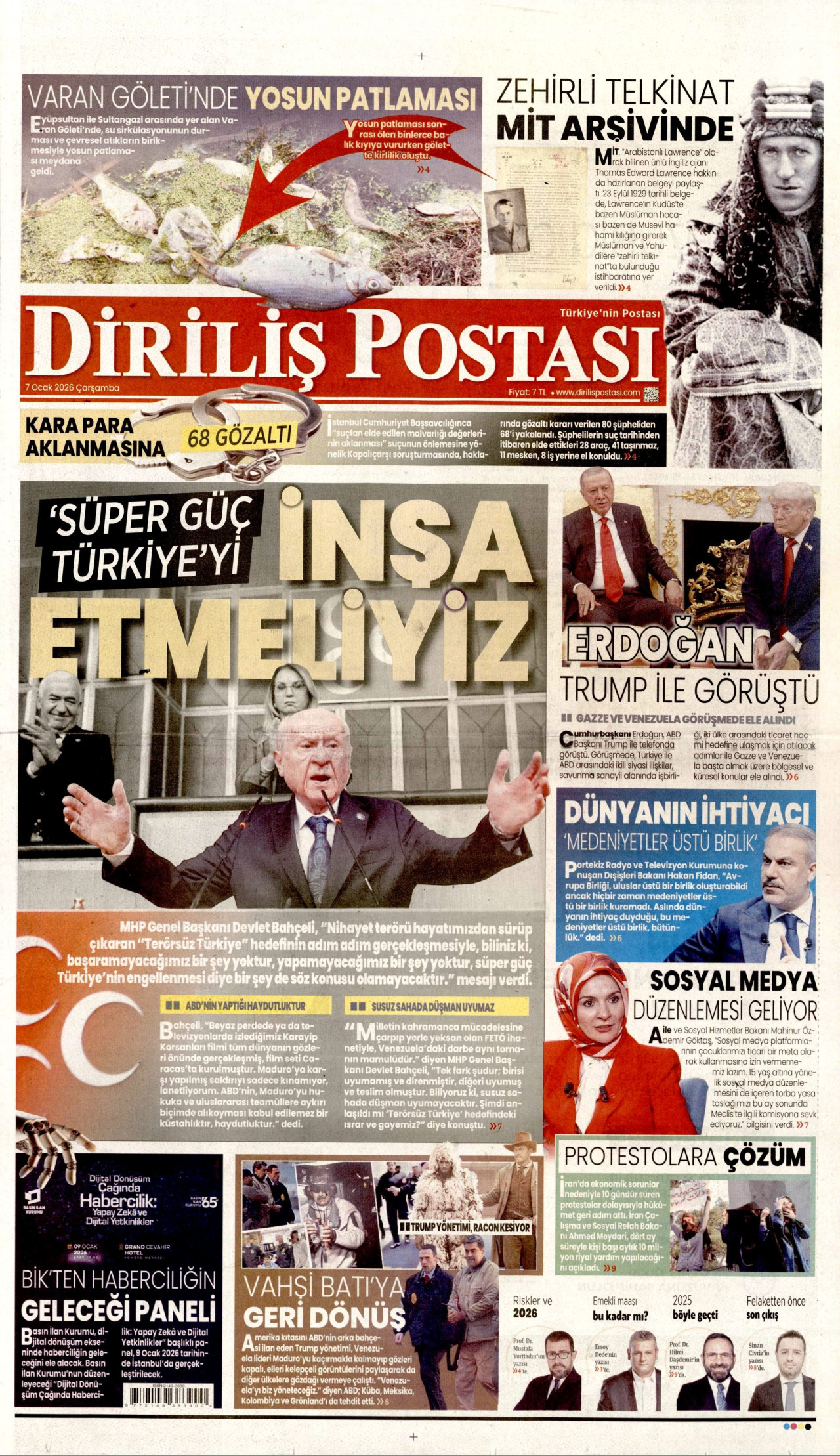 DİRİLİŞ POSTASI gazetesinin 7 Ocak 2026 tarihli birinci sayfası