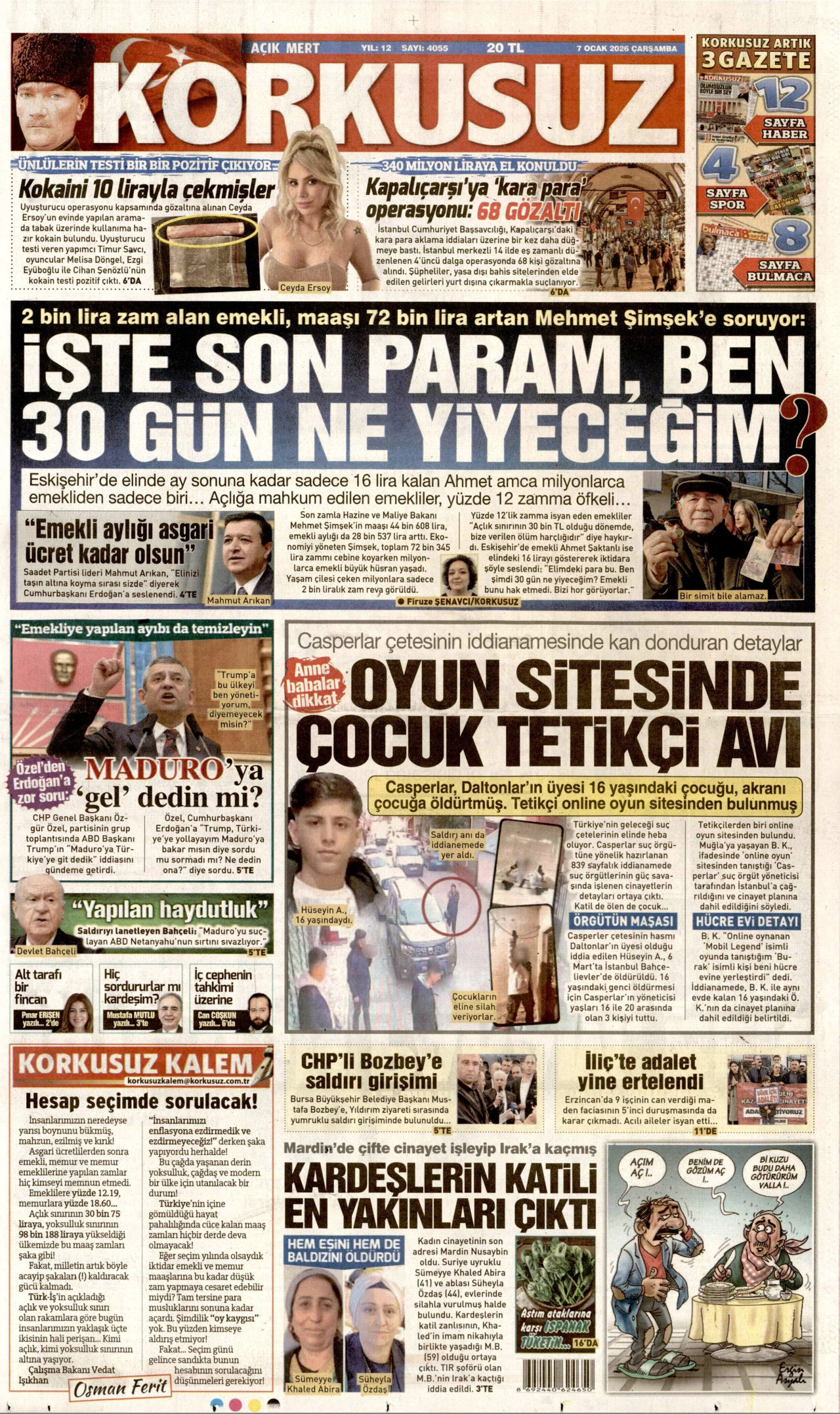 KORKUSUZ gazetesinin 7 Ocak 2026 tarihli birinci sayfası