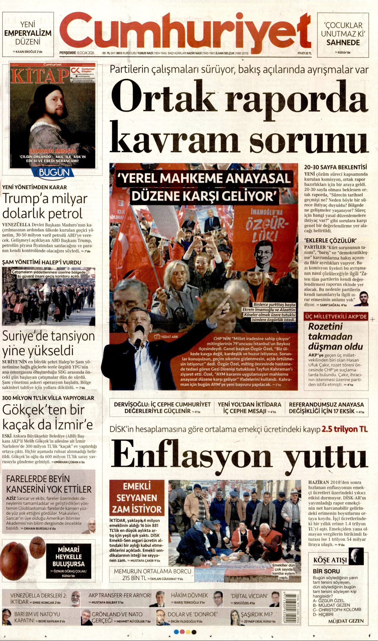 CUMHURİYET gazetesinin 8 Ocak 2026 tarihli birinci sayfası