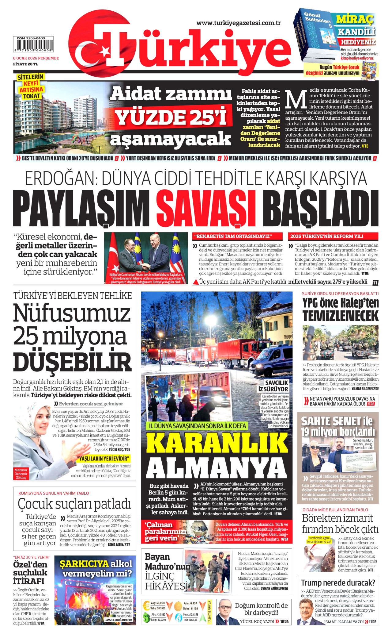 TÜRKİYE GAZETESİ gazetesinin 8 Ocak 2026 tarihli birinci sayfası