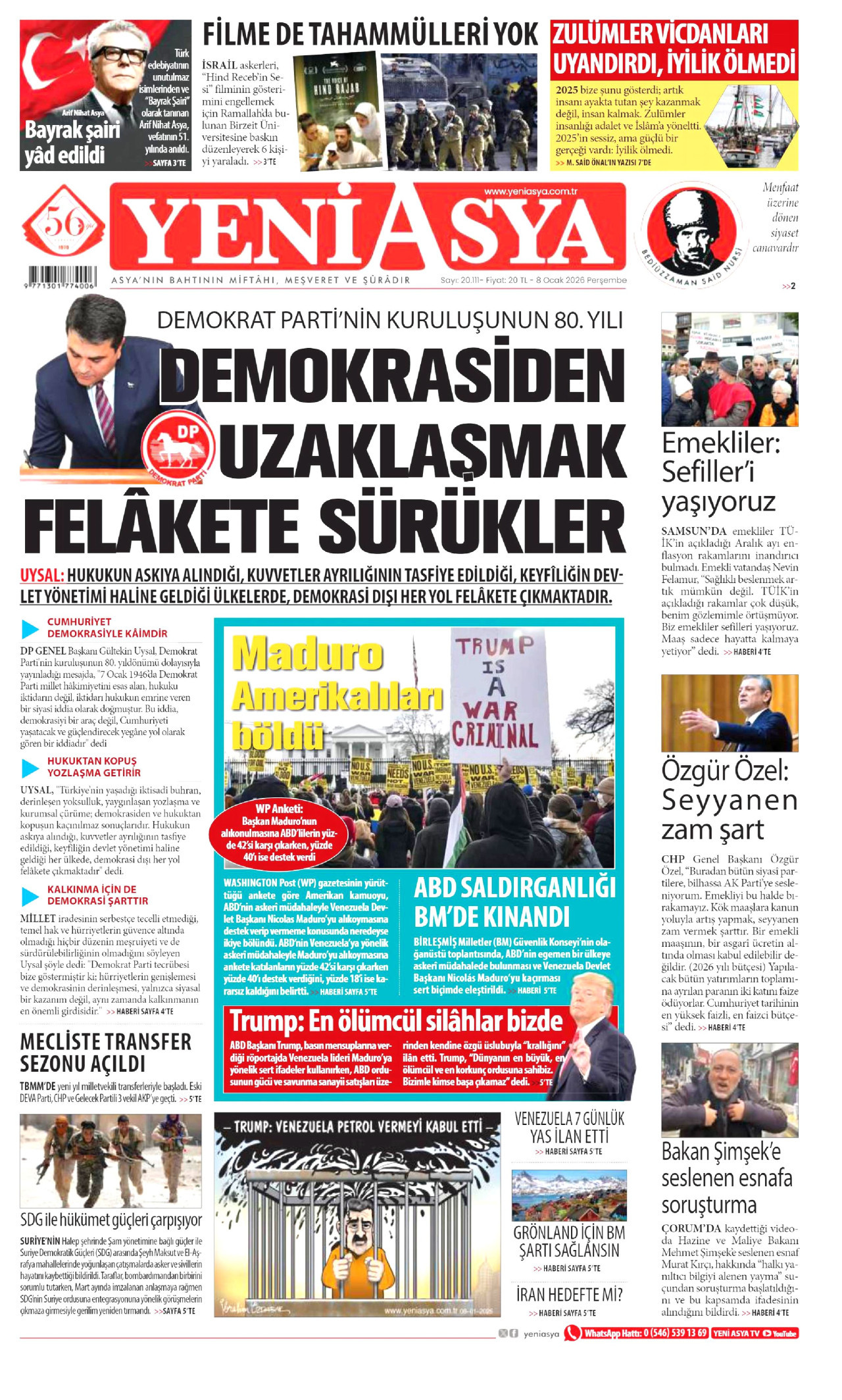 YENİ ASYA gazetesinin 8 Ocak 2026 tarihli birinci sayfası