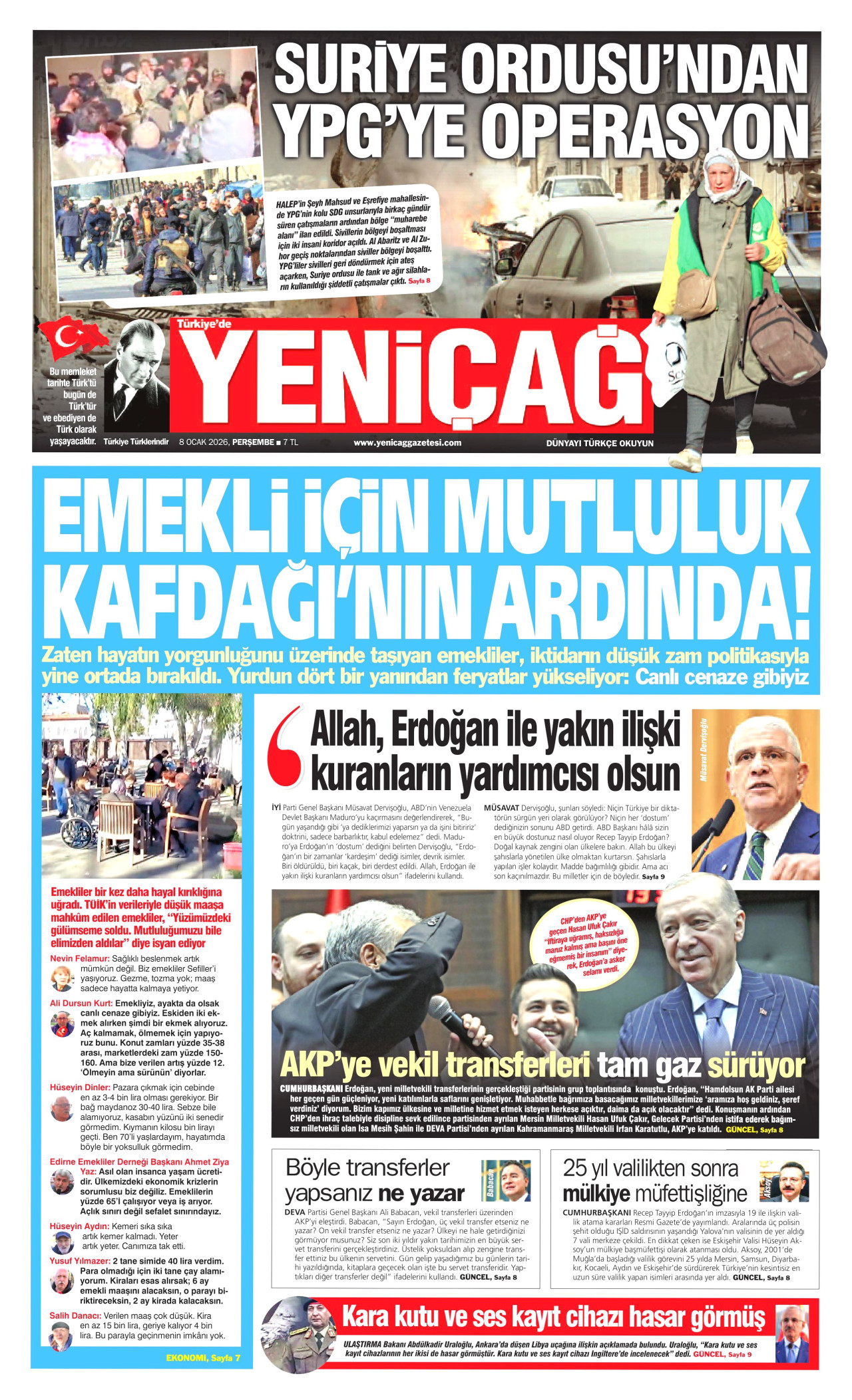 YENİÇAĞ gazetesinin 8 Ocak 2026 tarihli birinci sayfası