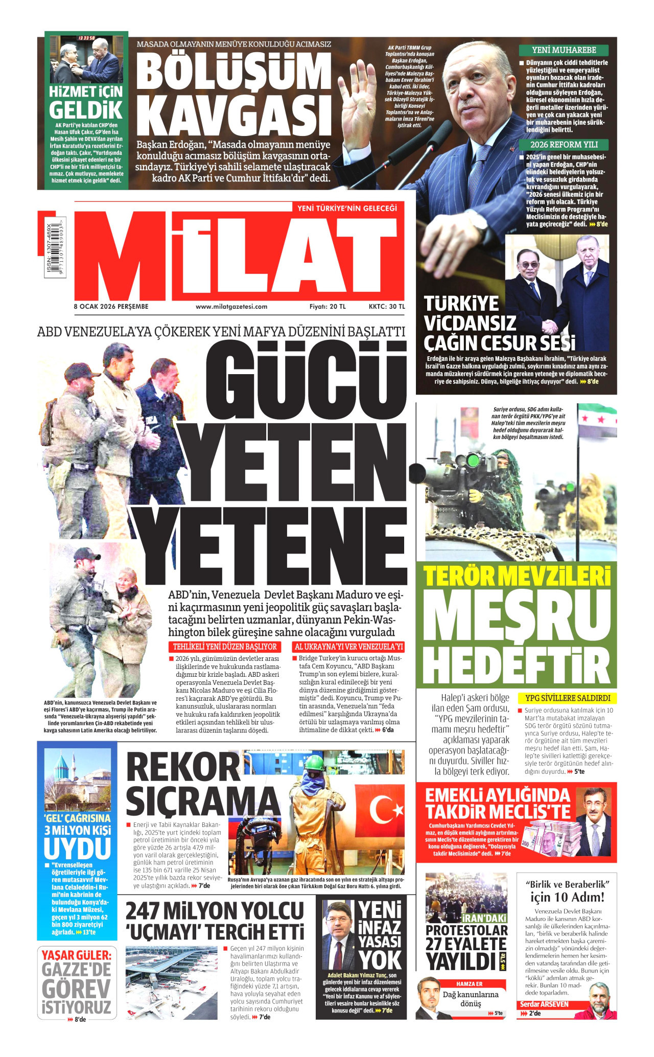 MİLAT gazetesinin 8 Ocak 2026 tarihli birinci sayfası