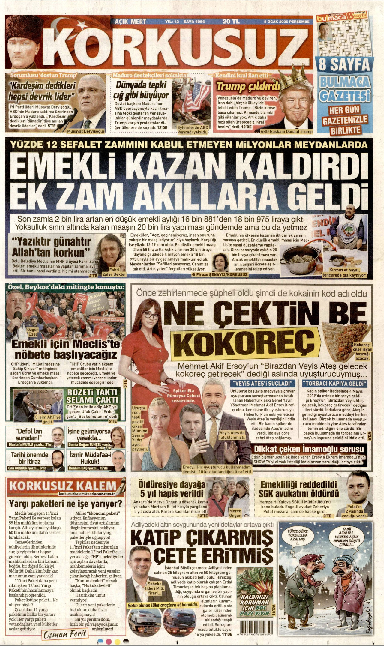 KORKUSUZ gazetesinin 8 Ocak 2026 tarihli birinci sayfası