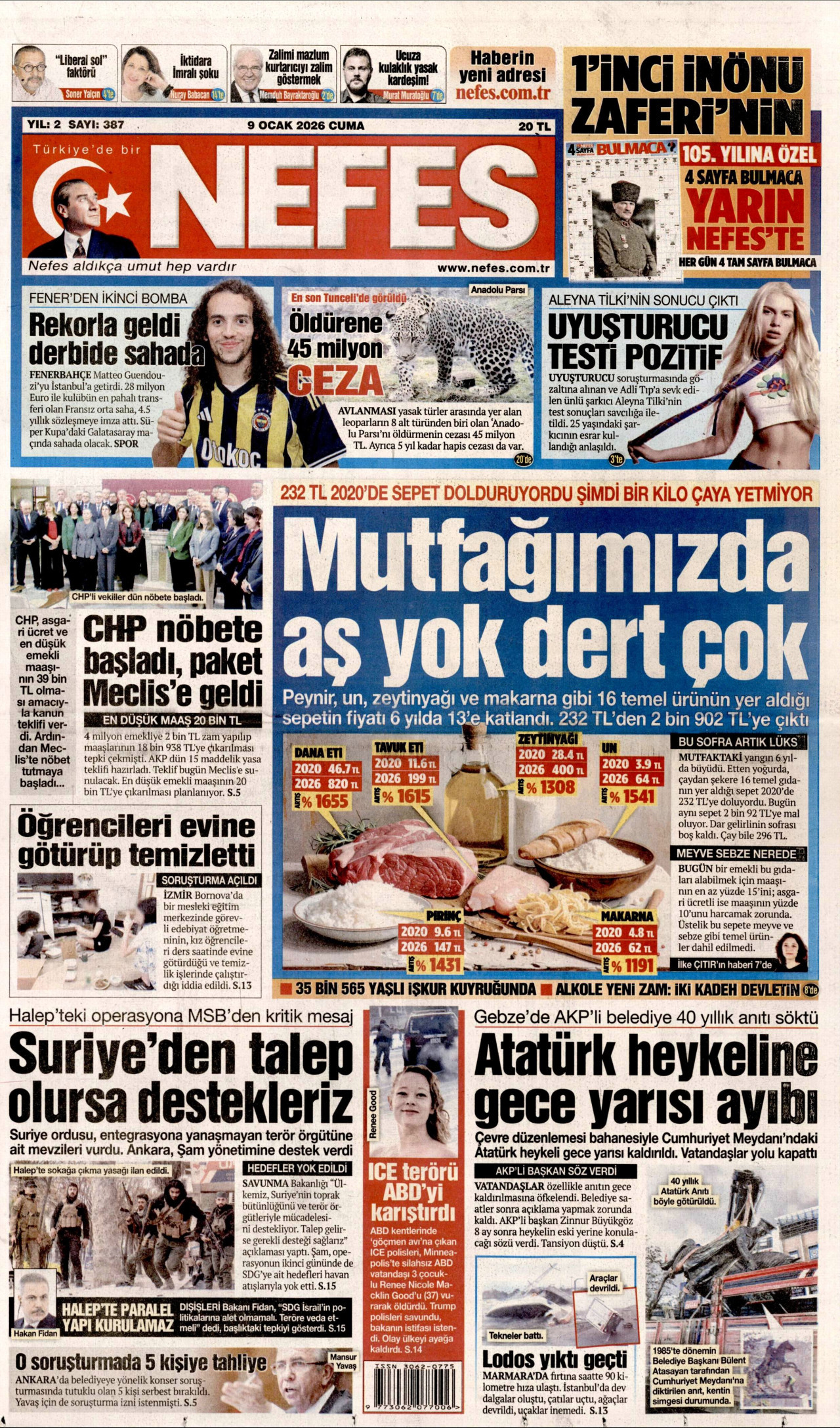 NEFES gazetesinin 9 Ocak 2026 tarihli birinci sayfası