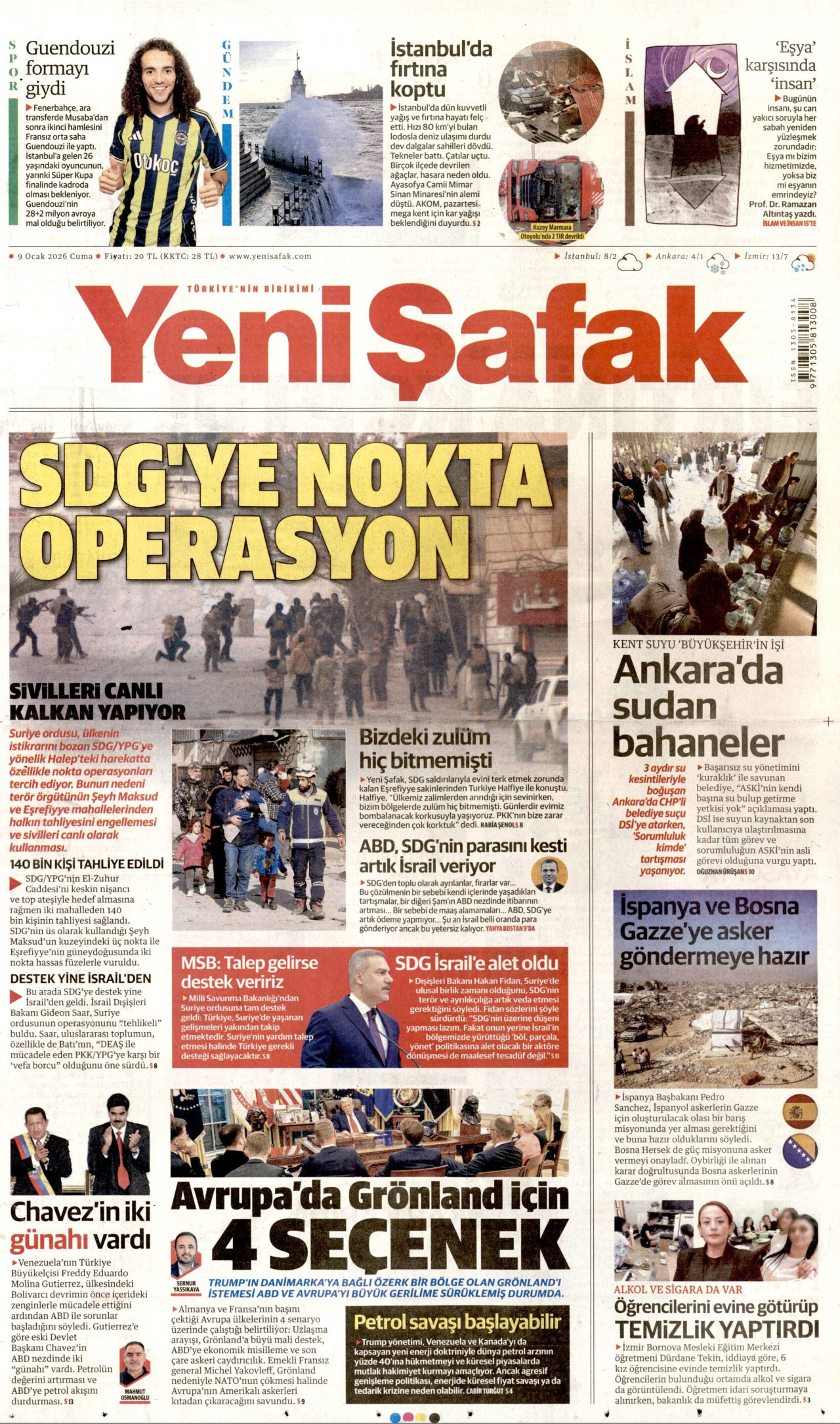 YENİ ŞAFAK gazetesinin 9 Ocak 2026 tarihli birinci sayfası