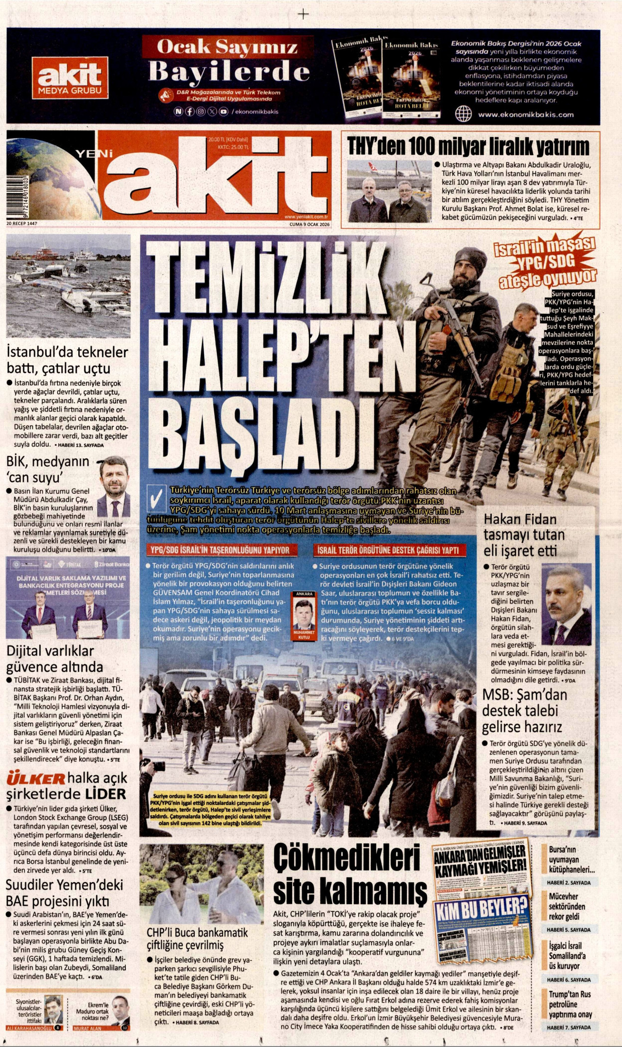 YENİ AKİT gazetesinin 9 Ocak 2026 tarihli birinci sayfası