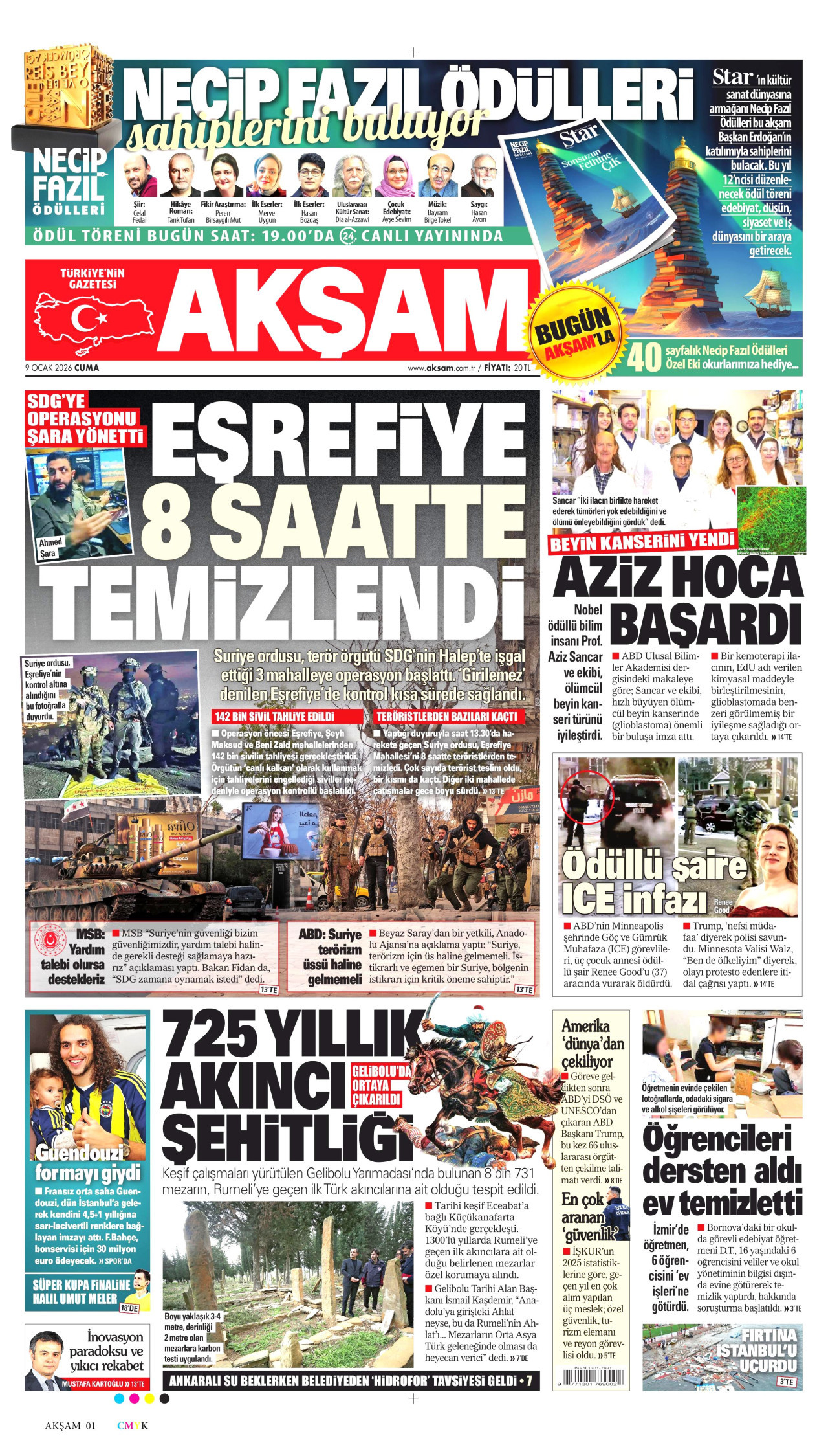 AKŞAM gazetesinin 9 Ocak 2026 tarihli birinci sayfası
