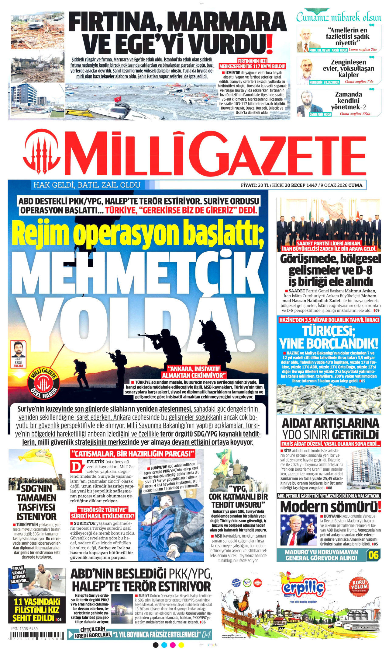 MİLLİ GAZETE gazetesinin 9 Ocak 2026 tarihli birinci sayfası