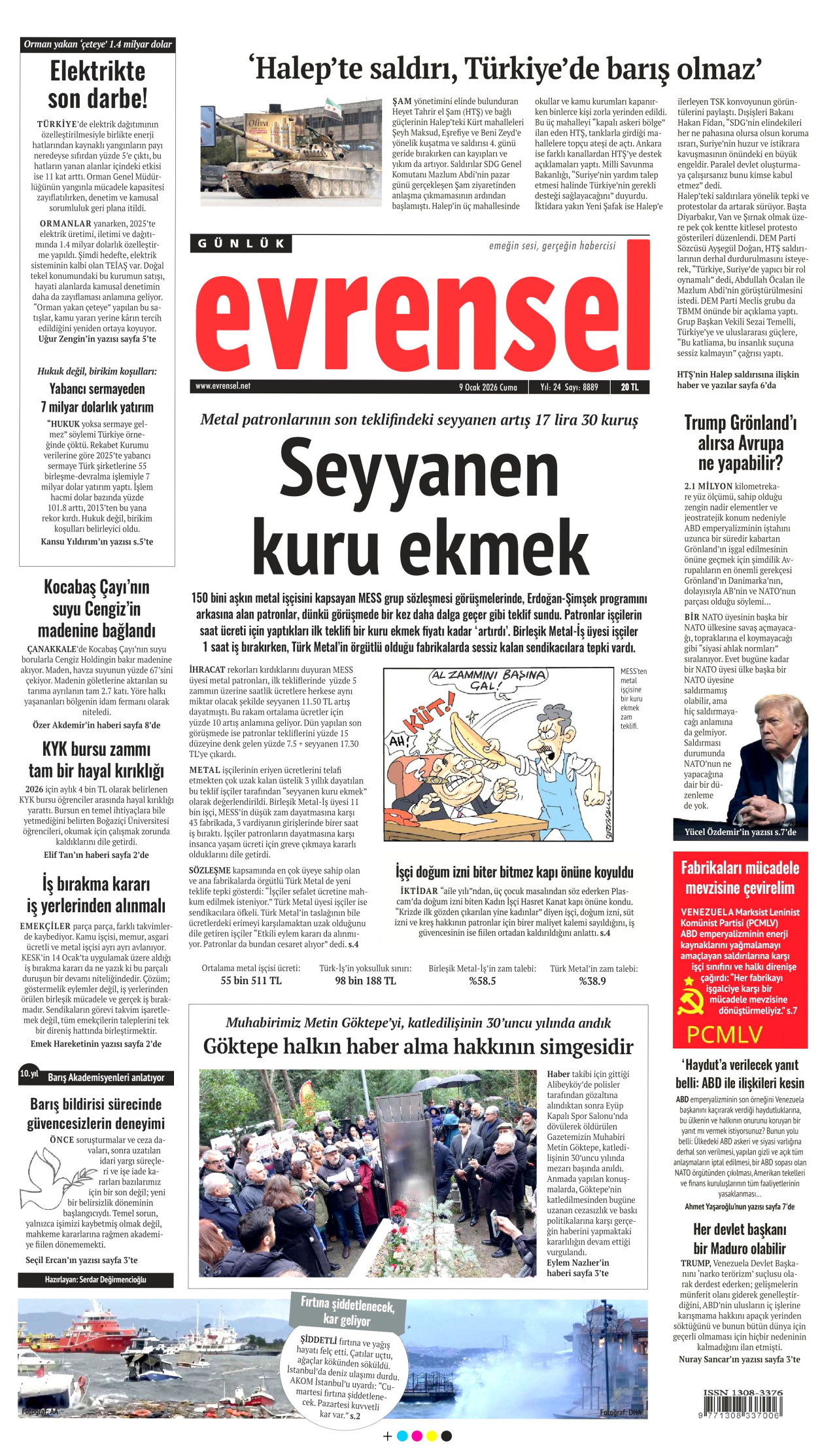 EVRENSEL gazetesinin 9 Ocak 2026 tarihli birinci sayfası