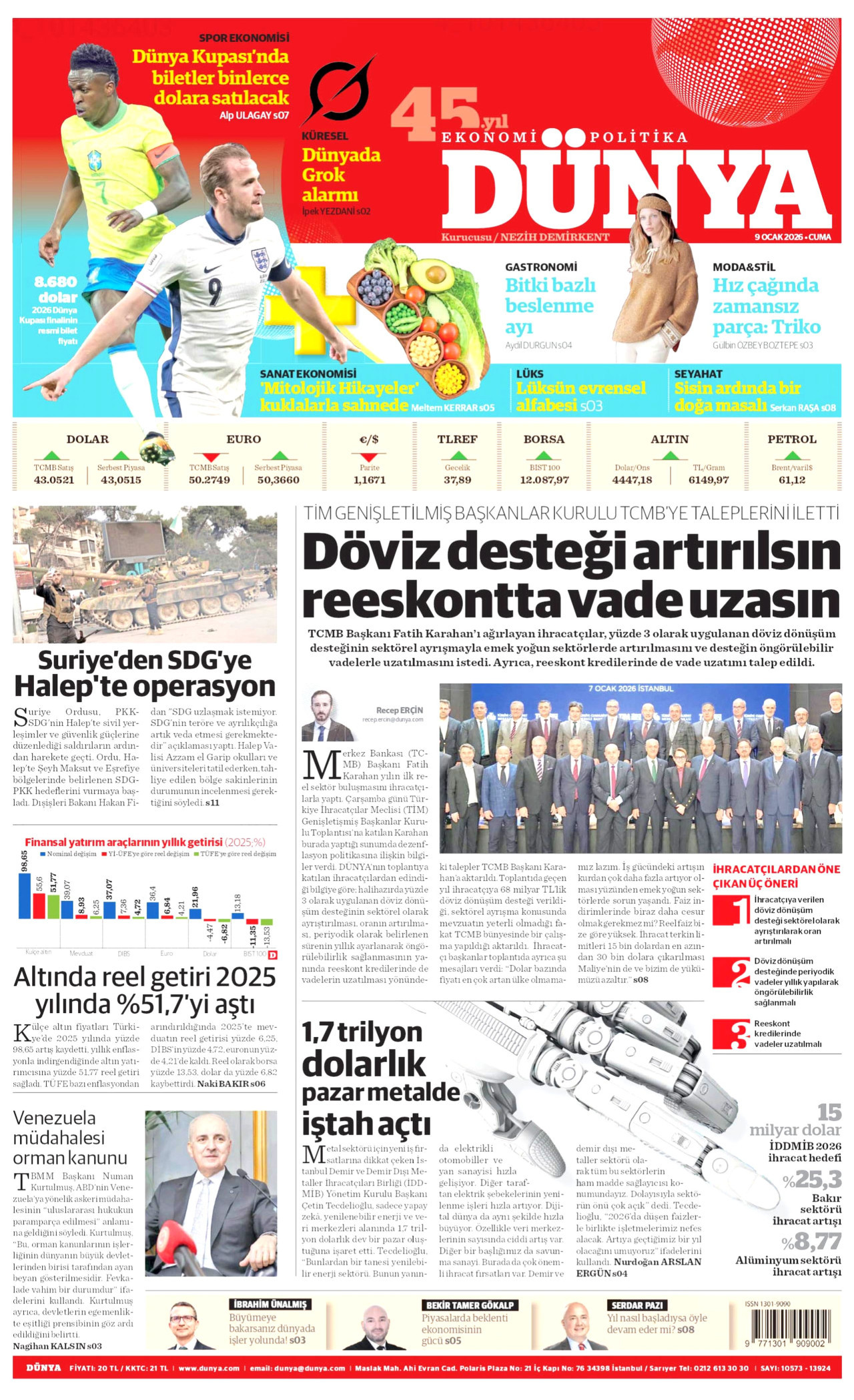 DÜNYA gazetesinin 9 Ocak 2026 tarihli birinci sayfası