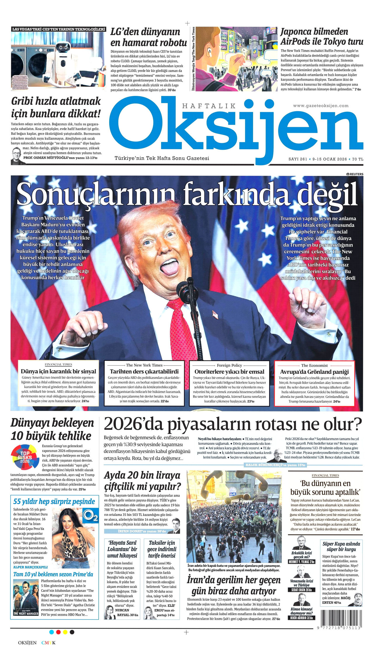 OKSİJEN gazetesinin 9 Ocak 2026 tarihli birinci sayfası