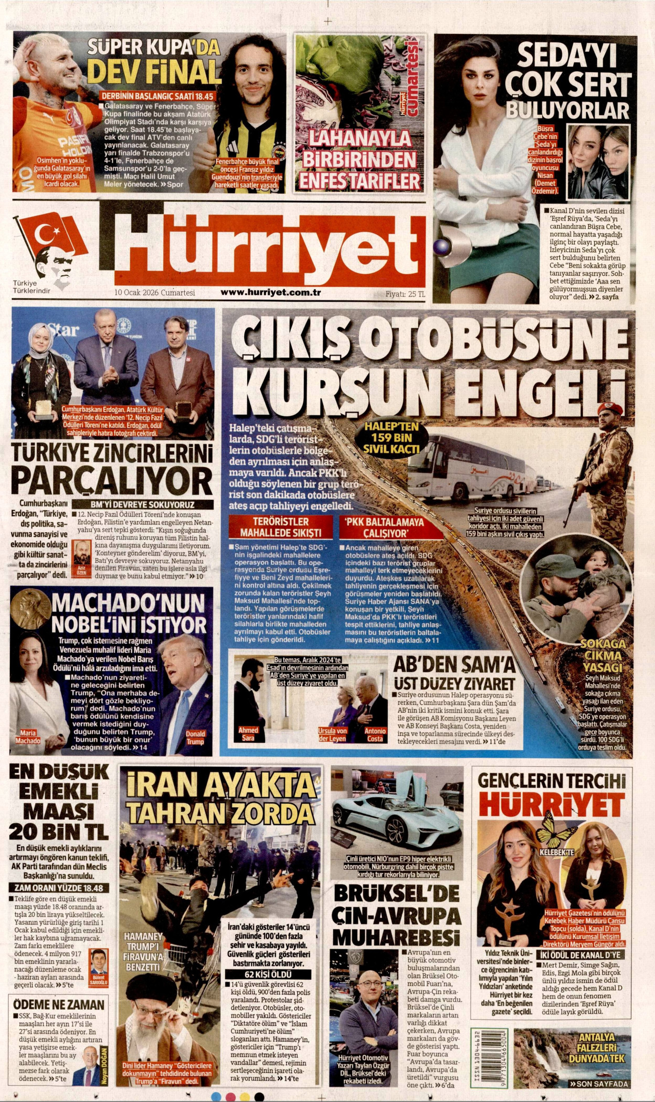 HÜRRİYET gazetesinin 10 Ocak 2026 tarihli birinci sayfası