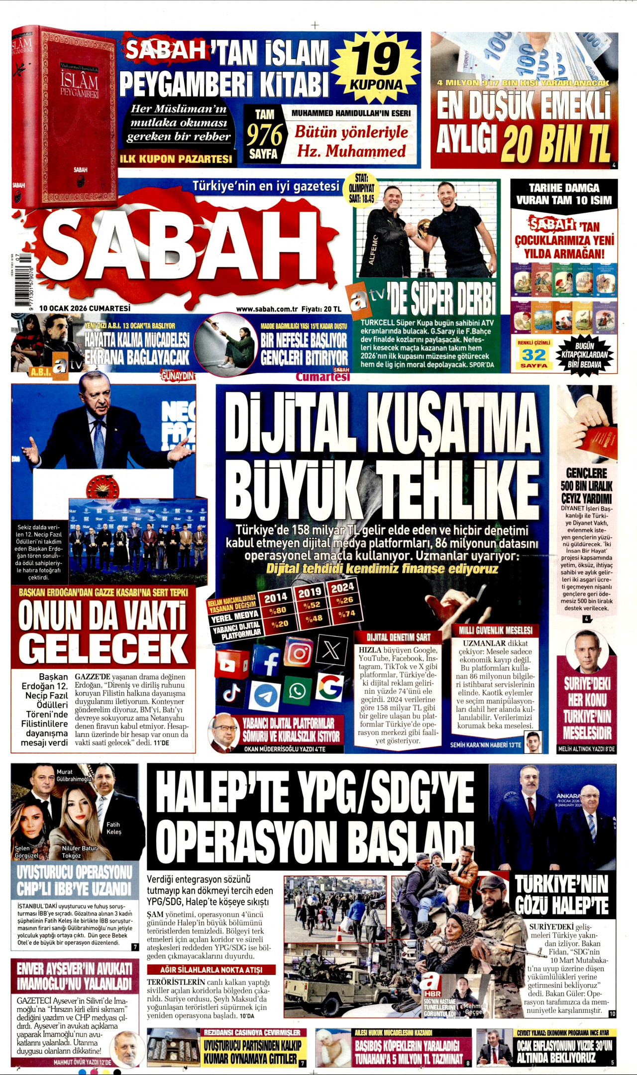 SABAH gazetesinin 10 Ocak 2026 tarihli birinci sayfası