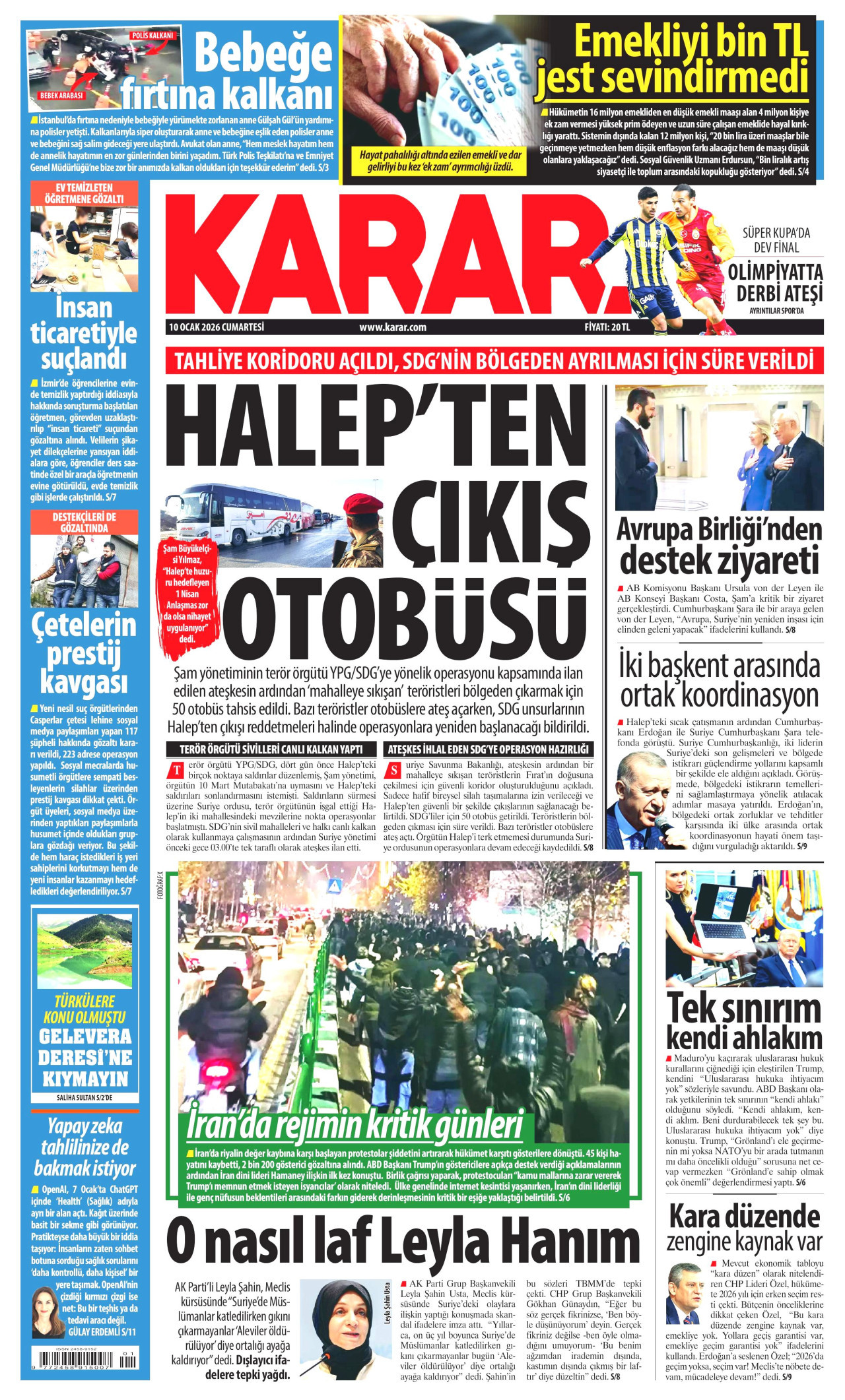 KARAR gazetesinin 10 Ocak 2026 tarihli birinci sayfası